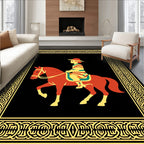 Red Orange Horse Rider Geometric Border Rug