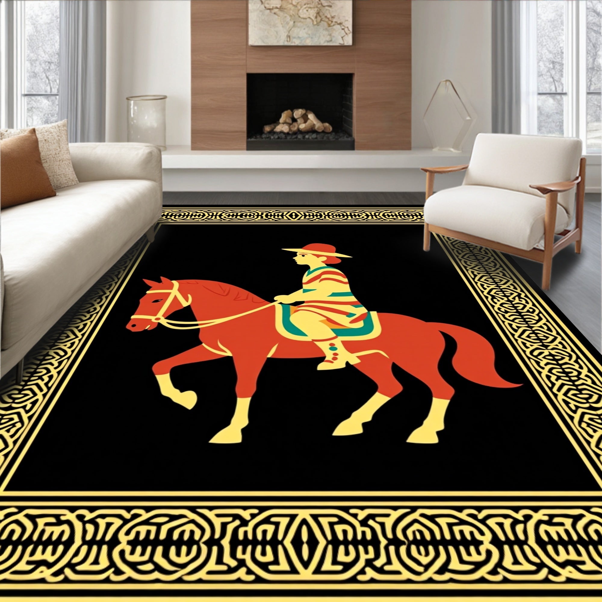 Red Orange Horse Rider Geometric Border Rug