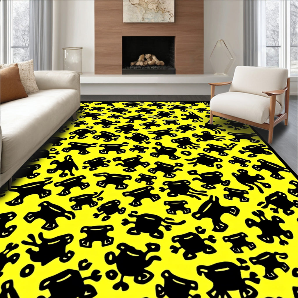 Bright Yellow Black Blob Collage Rug