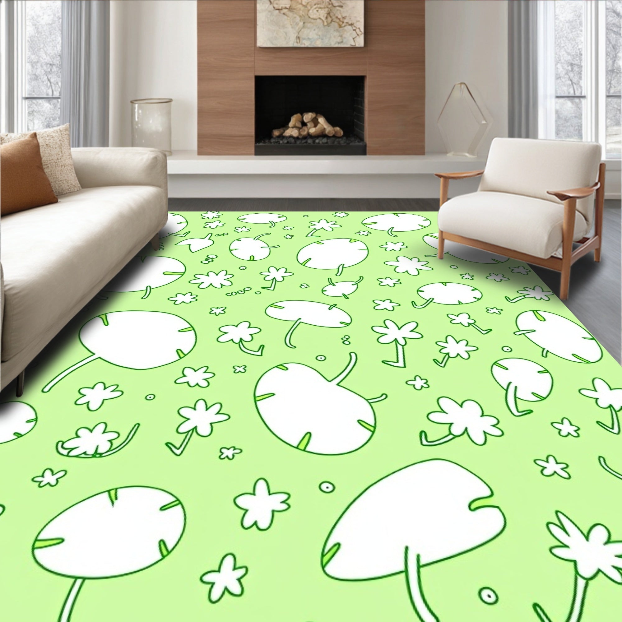 Light Green Whimsical Floral Scattered Rug