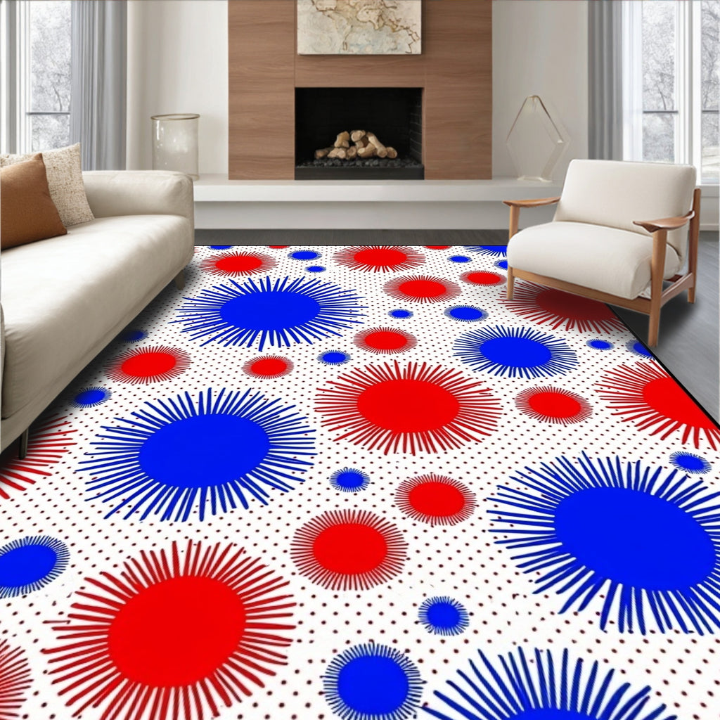 Red Blue Sunburst Polka Dot Rug