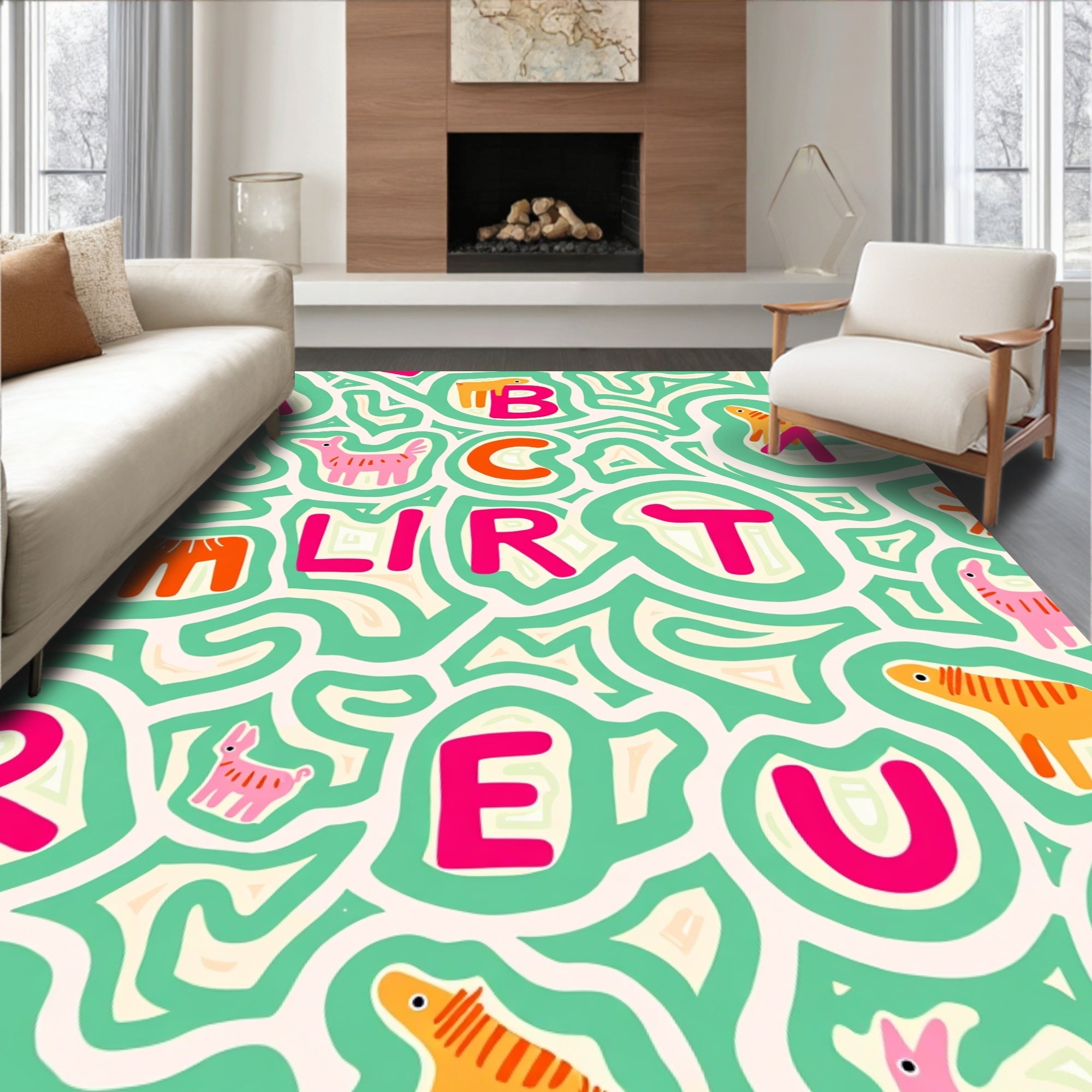 Whimsical Alphabet Animals Mint Background Rug