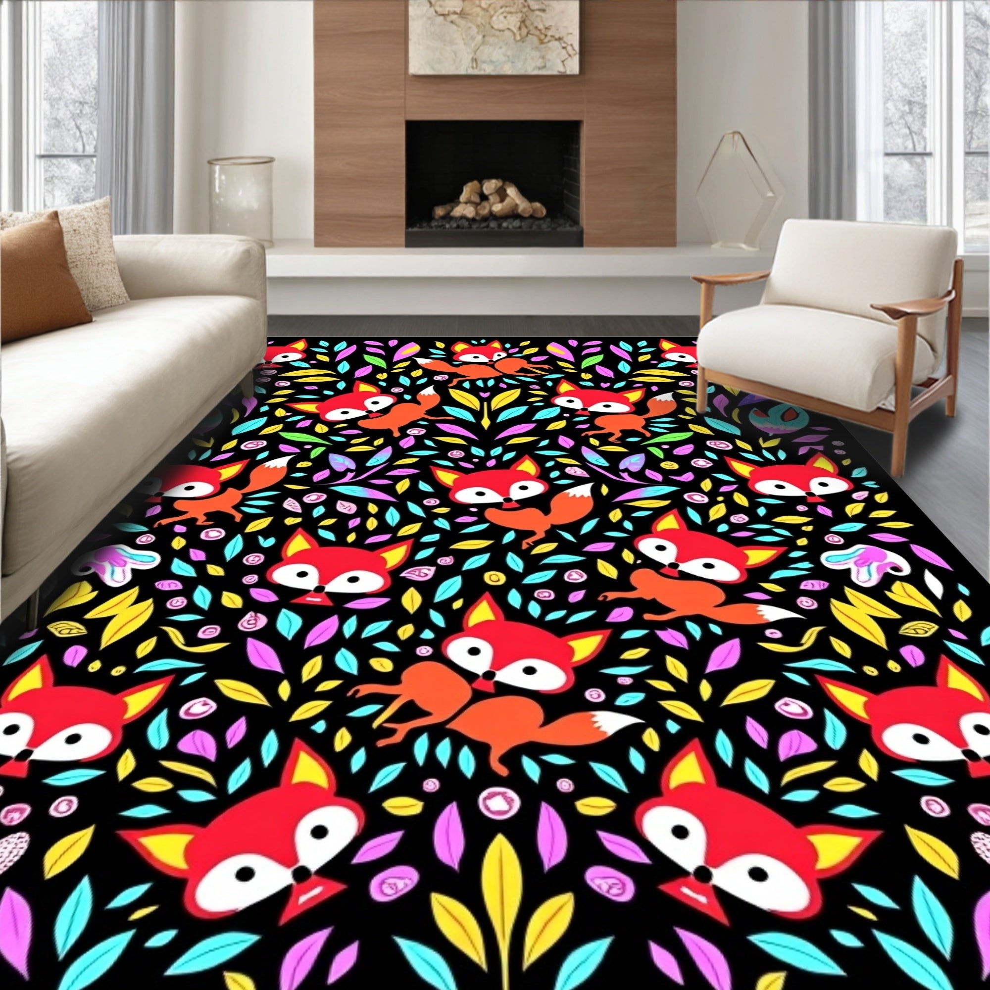 Whimsical Fox Forest Foliage Rug