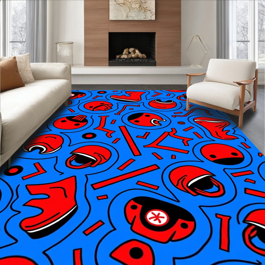 Red And Blue Retro Faces Rug
