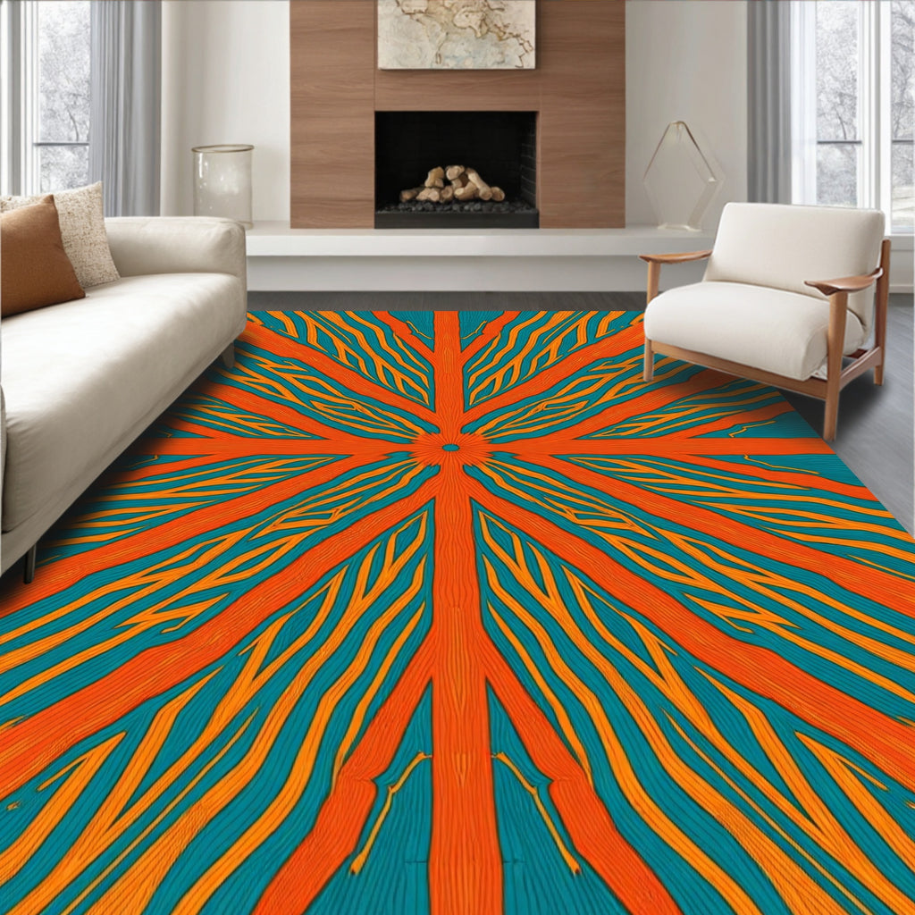 Orange Cyan Sunburst Rays Rug
