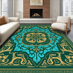 Emerald Teal Gold Floral Medallion Artwork Rug