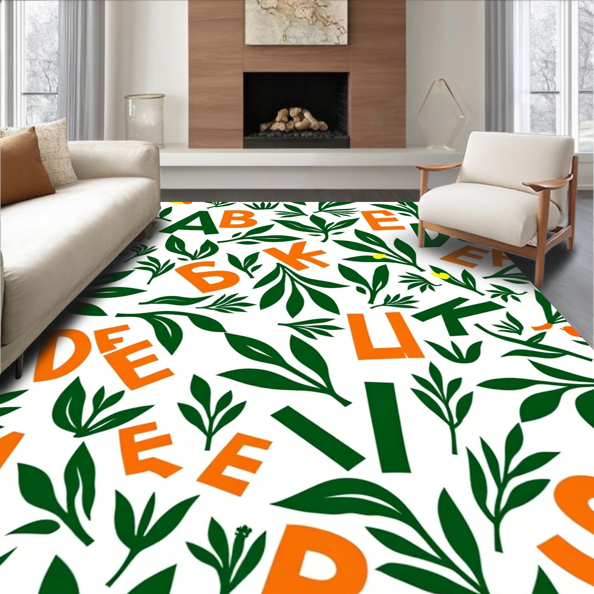 Bold Orange Green Alphabet Foliage Rug