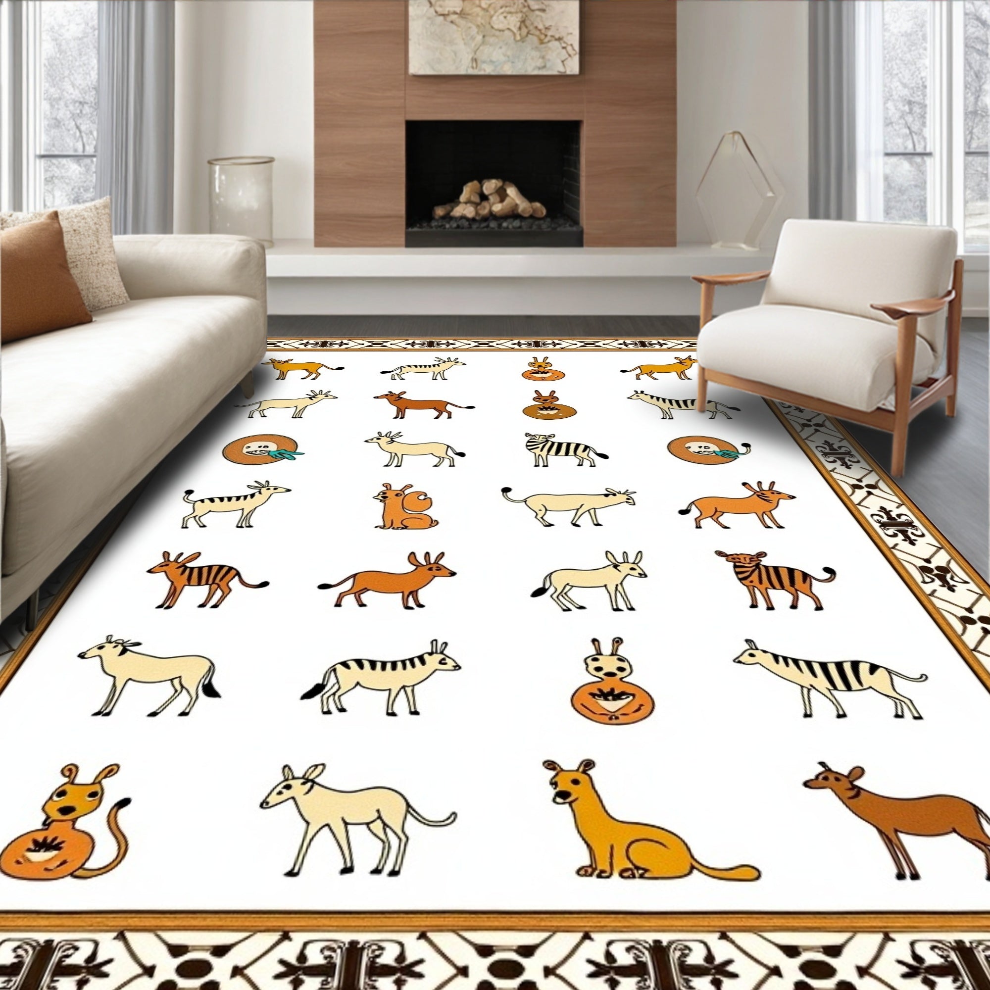 Whimsical Animals Bordered Ivory Rug