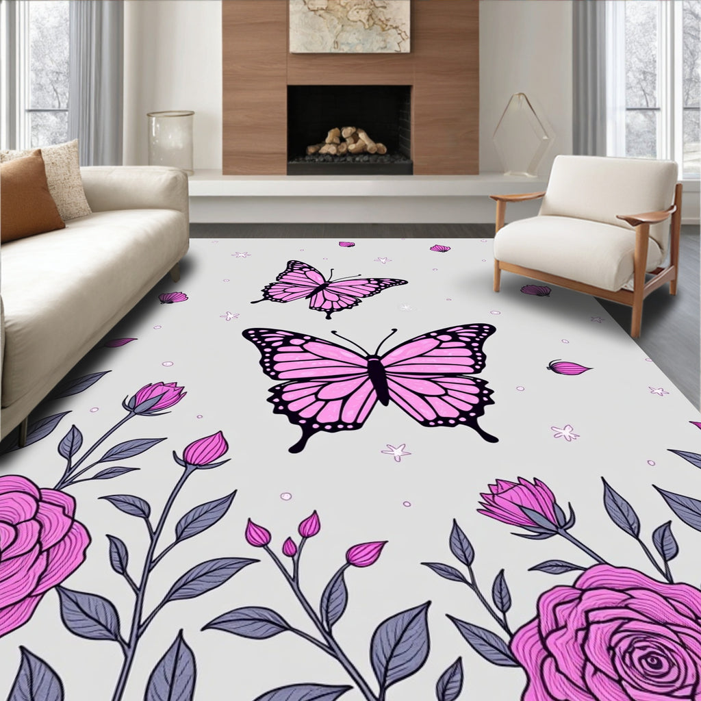 Pink Butterfly Floral Garden Rug