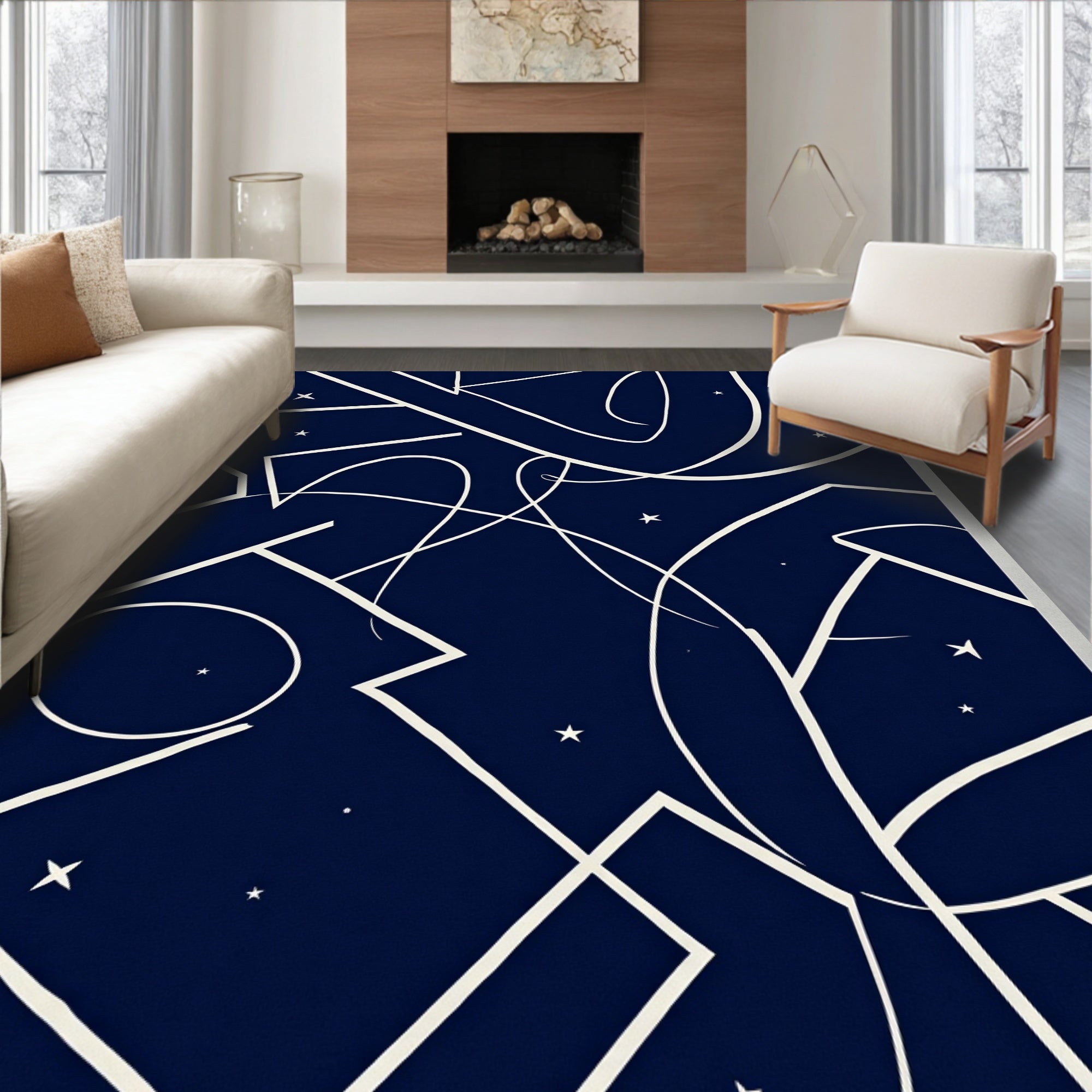 Dark Blue White Abstract Starry Ribbon Rug