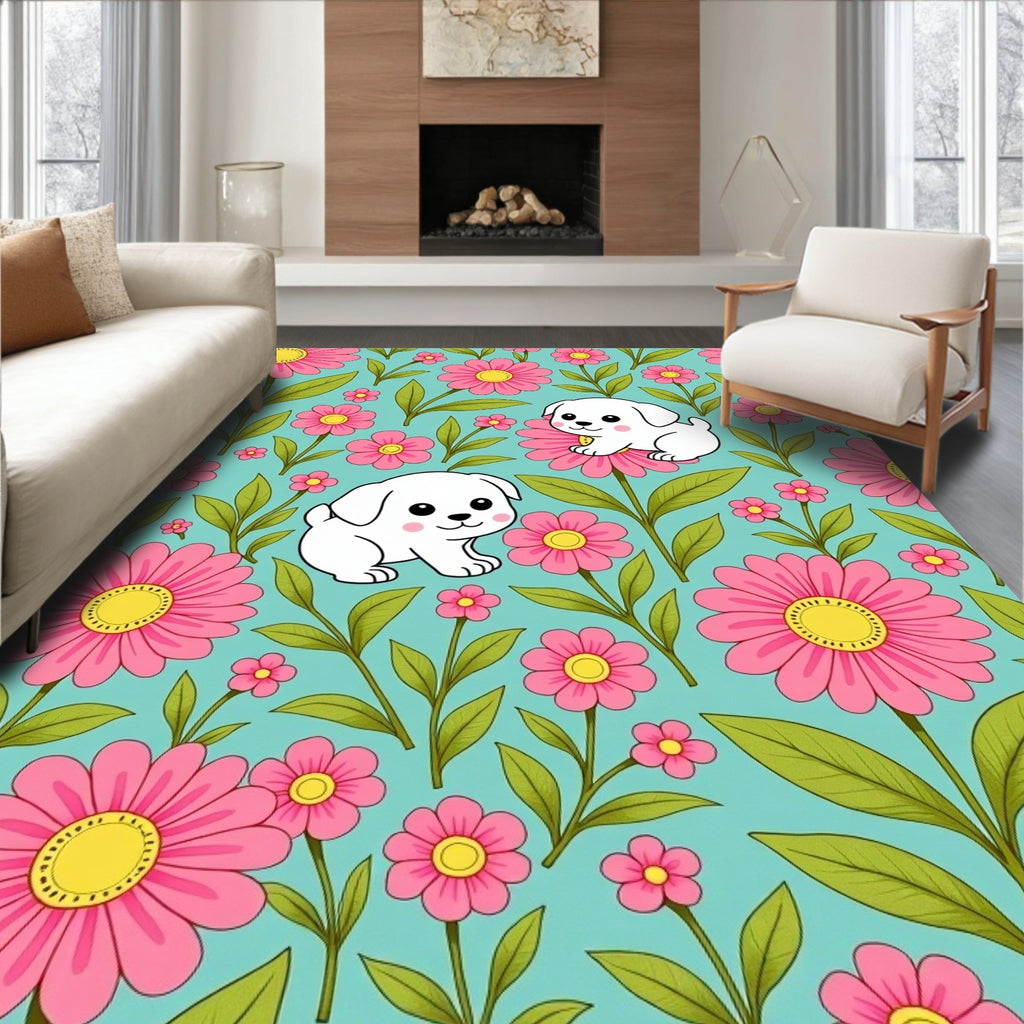 Cute puppies pink flowers aqua background Rug