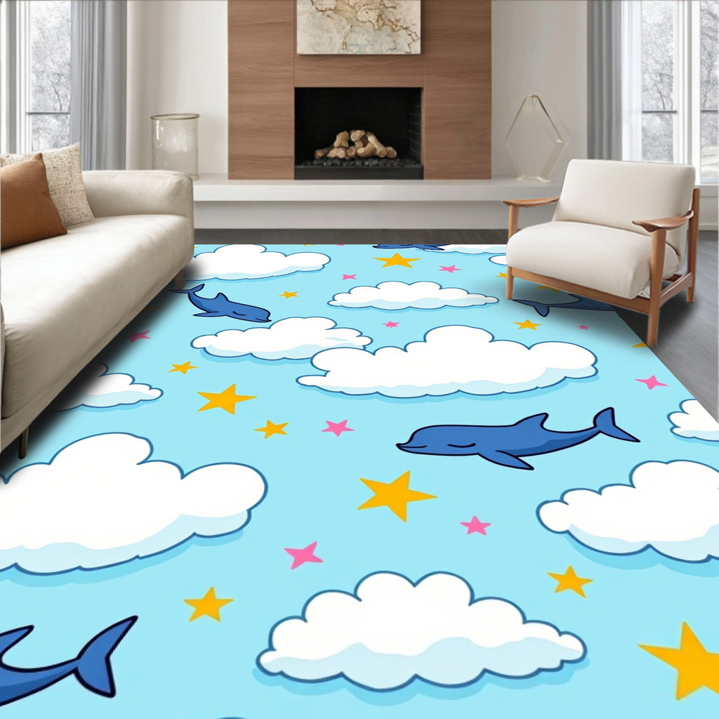 Dreamy Blue Dolphins Amongst Clouds and Stars Rug