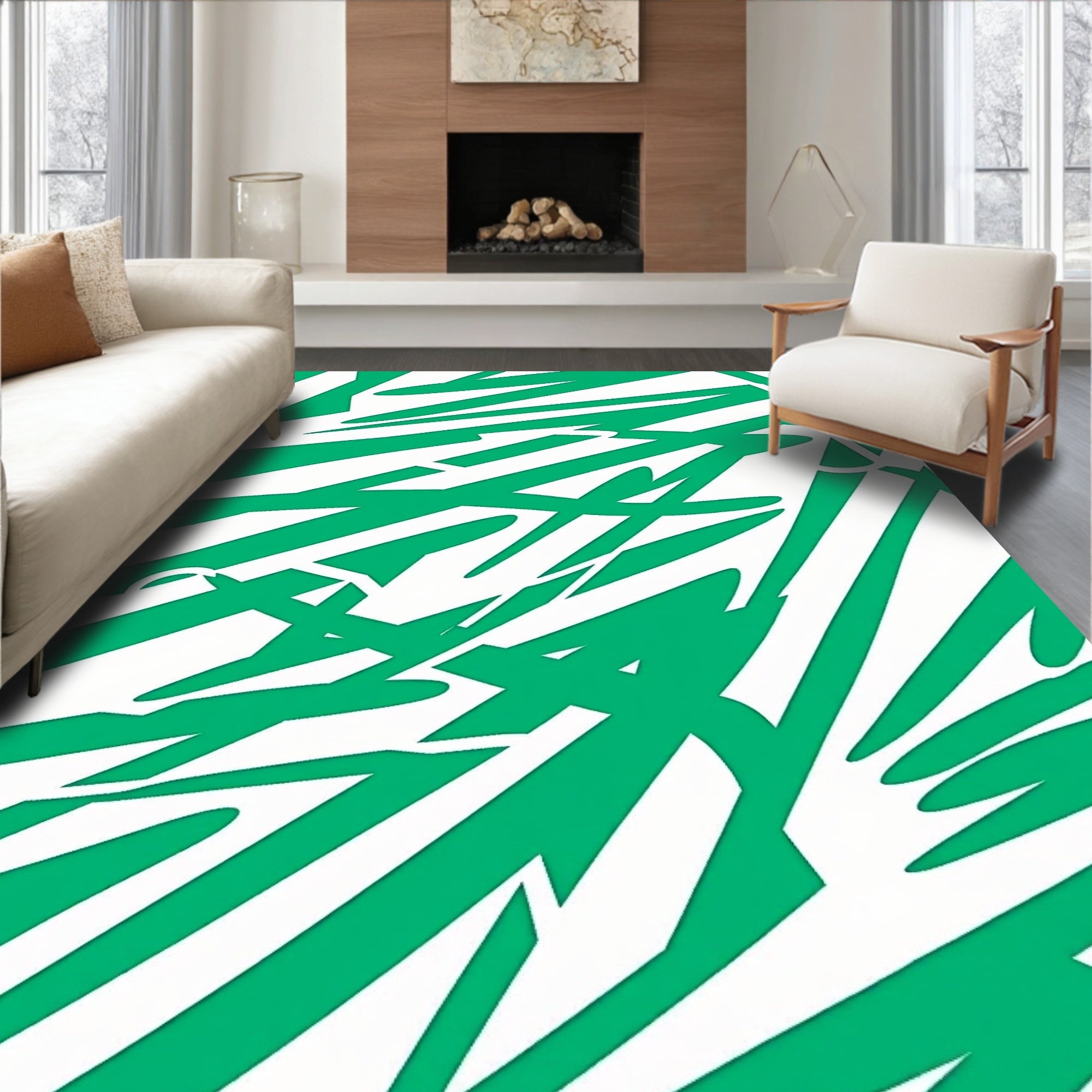 Vibrant Green Swoosh Abstract Rug