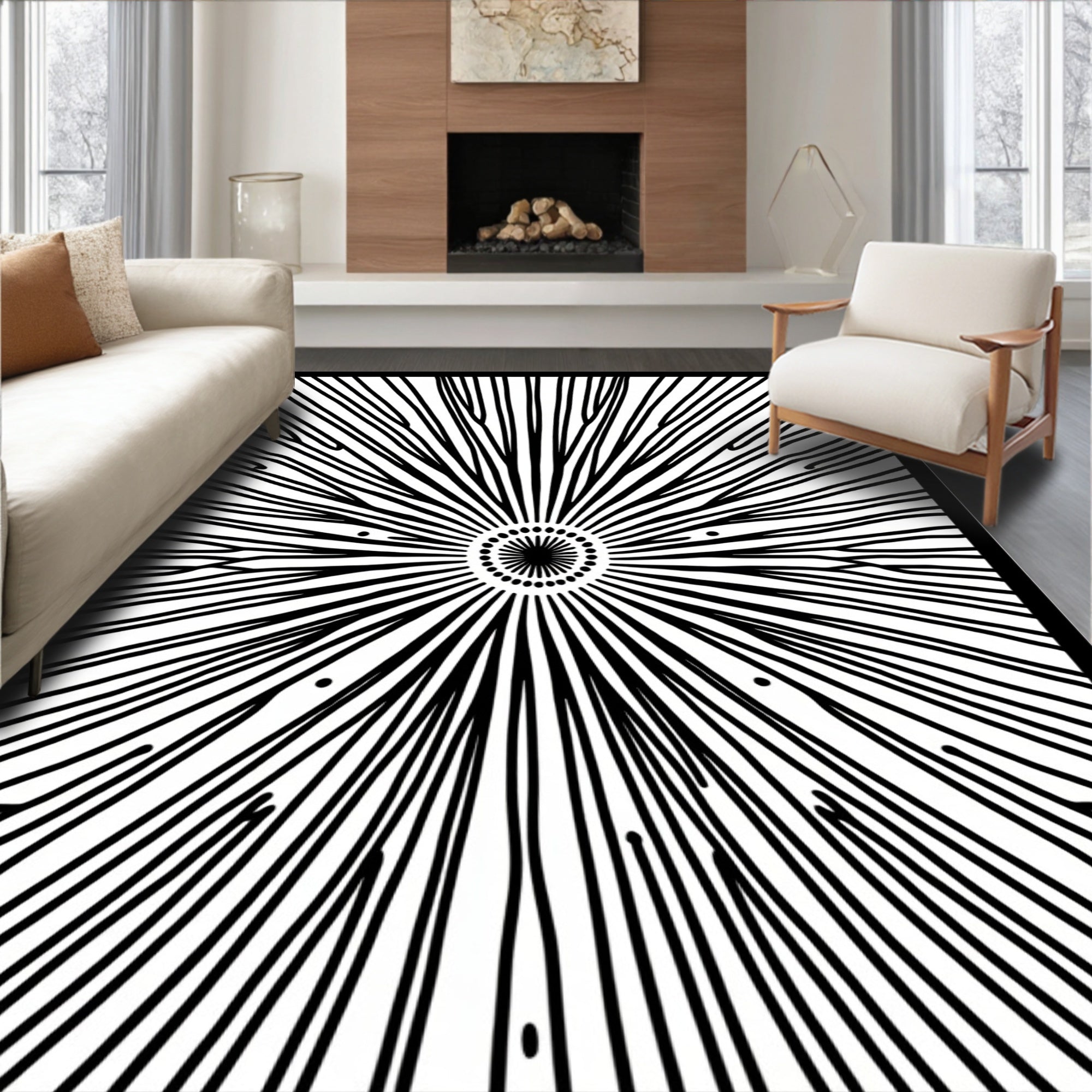 Bold Black Radial Sunburst Rug