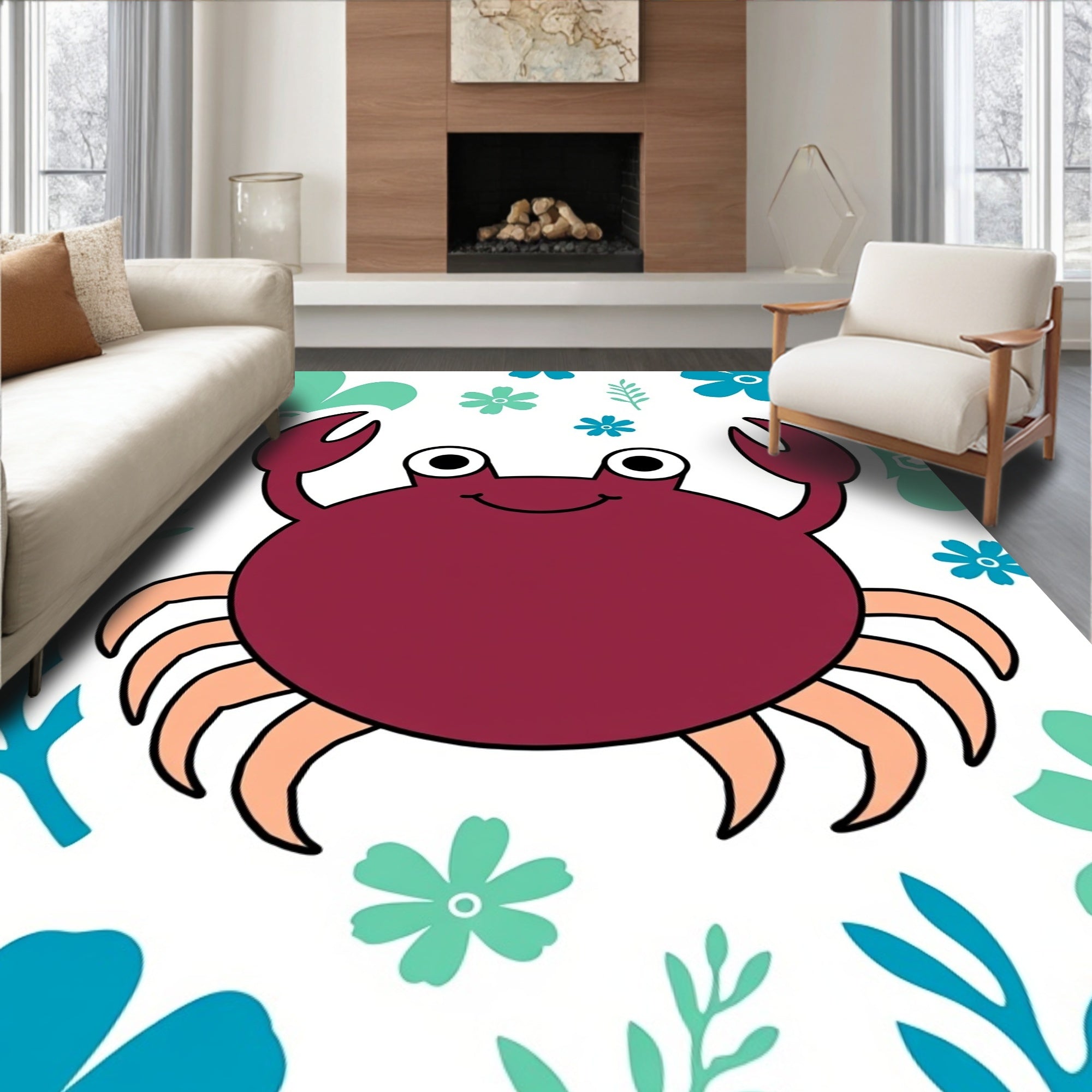 Whimsical Crimson Crab Floral Scene Rug