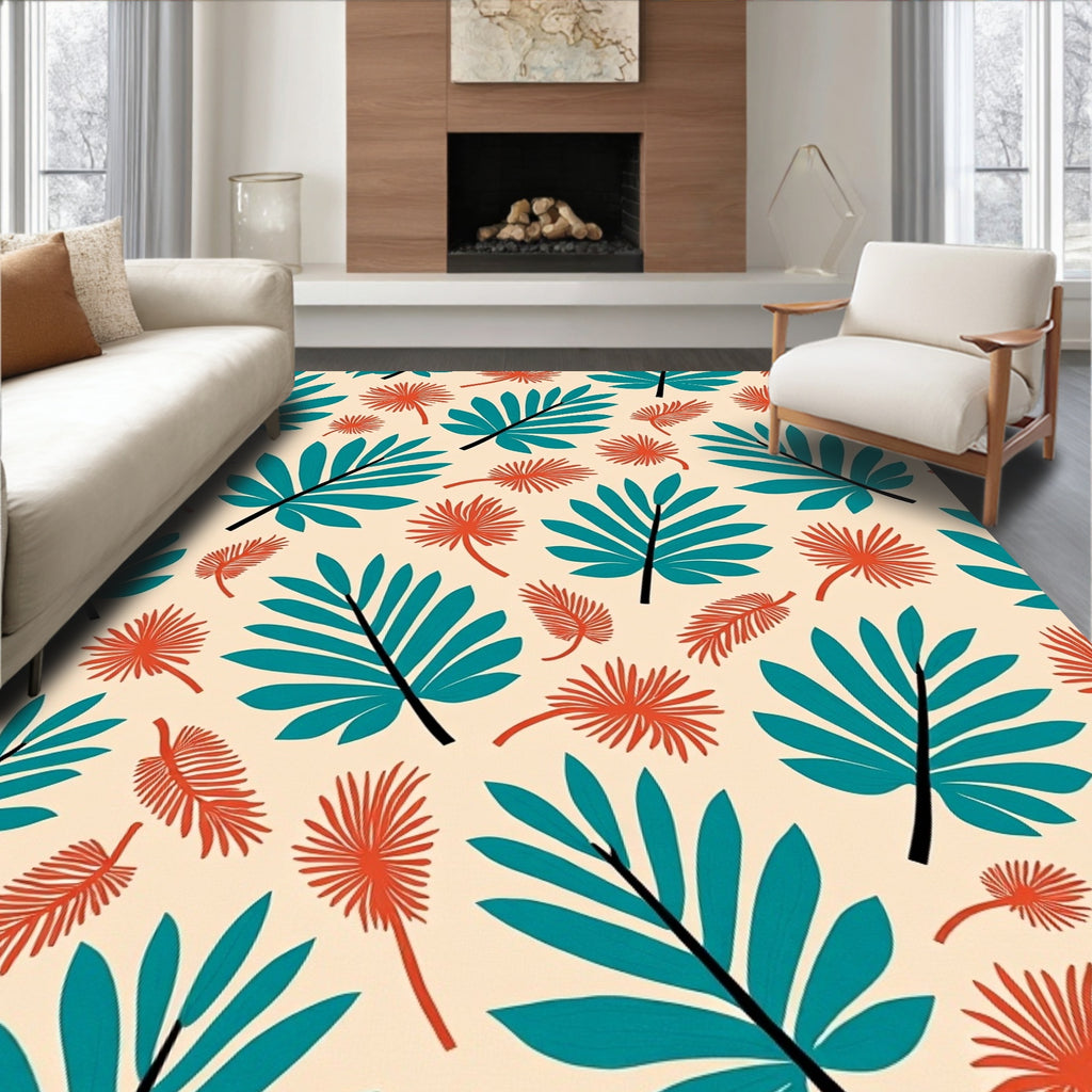 Tropical Teal Orange Leaf Arrangement Rug