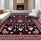 Crimson Floral Medallion Black Rug