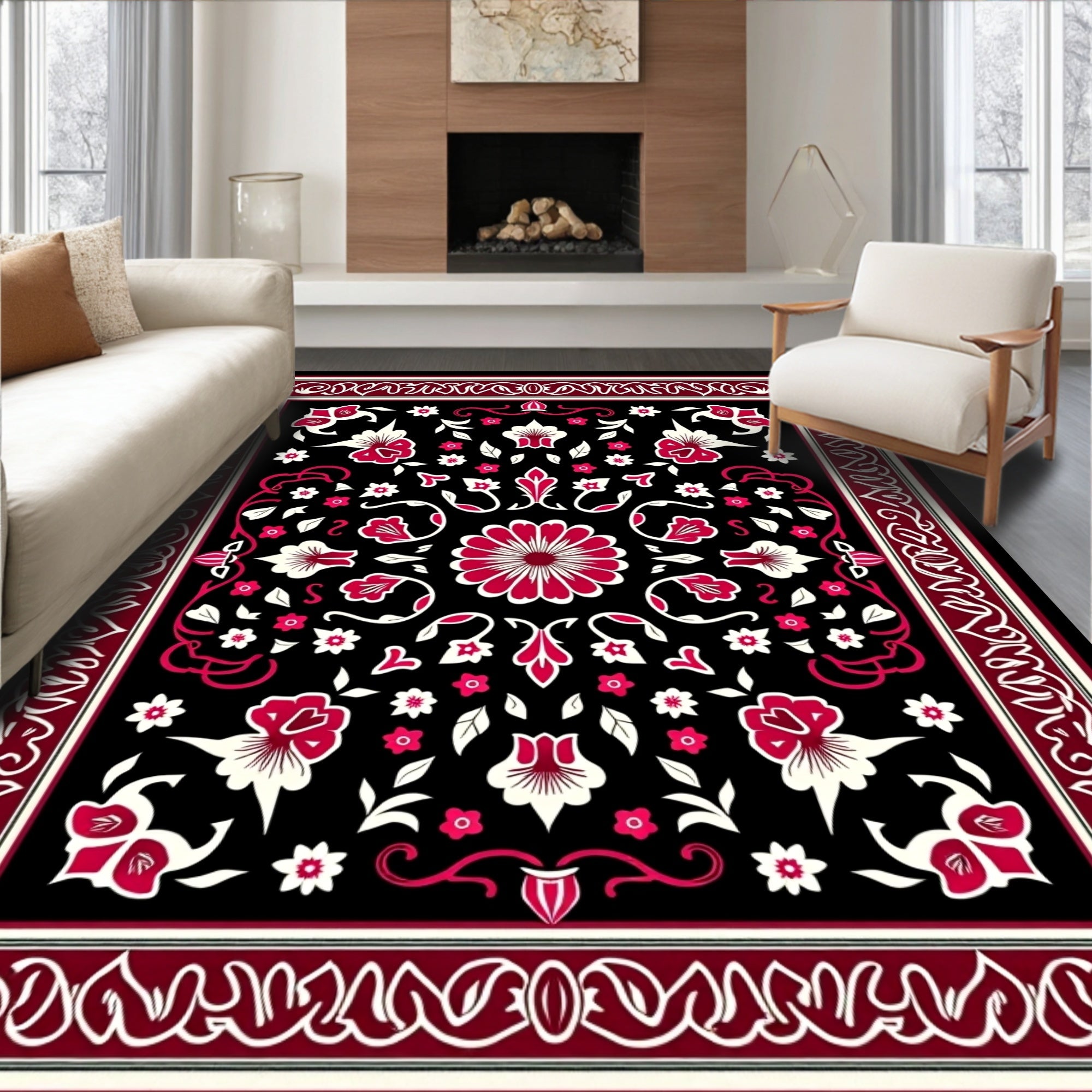 Crimson Floral Medallion Black Rug