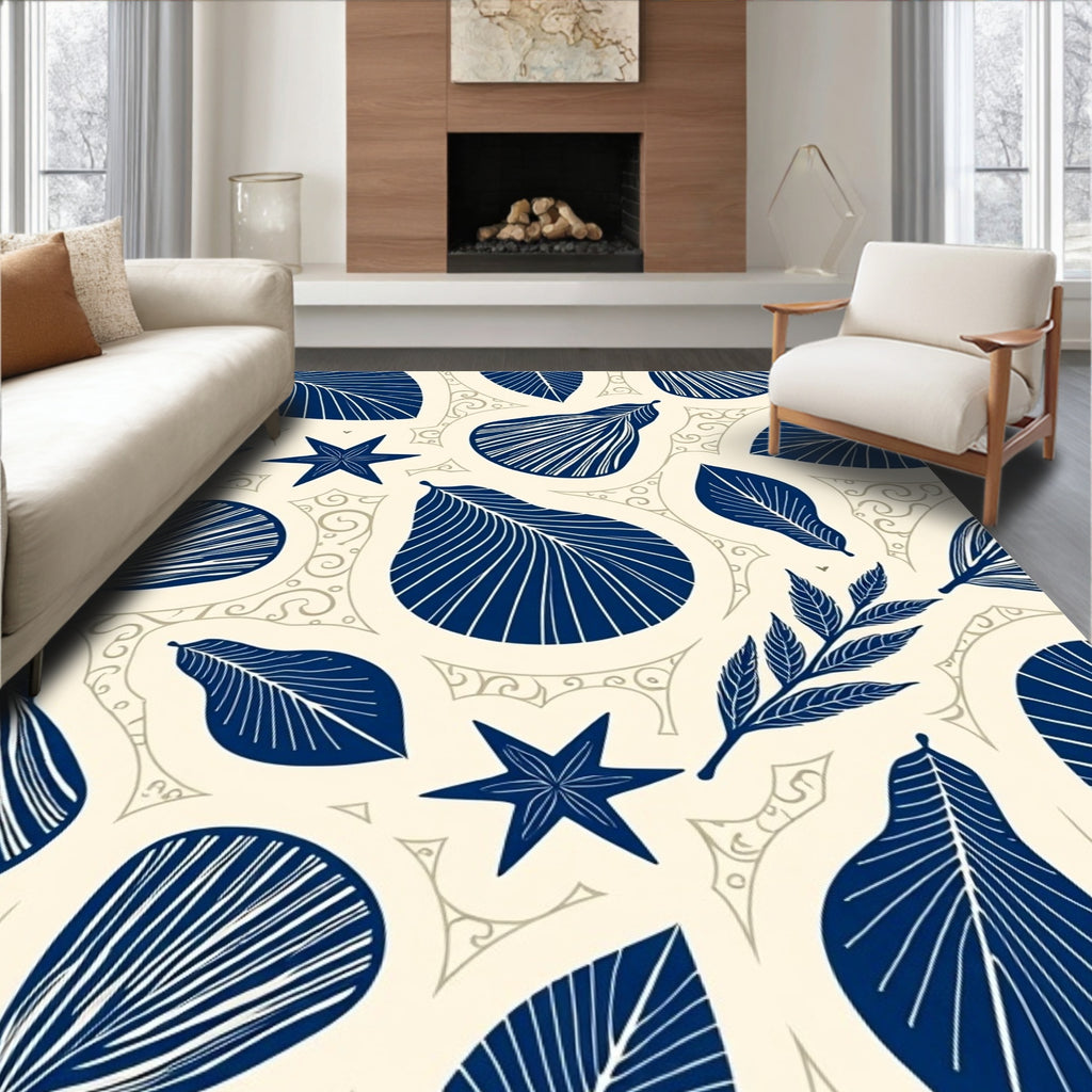 Navy Blue Tropical Leaf Starburst Rug