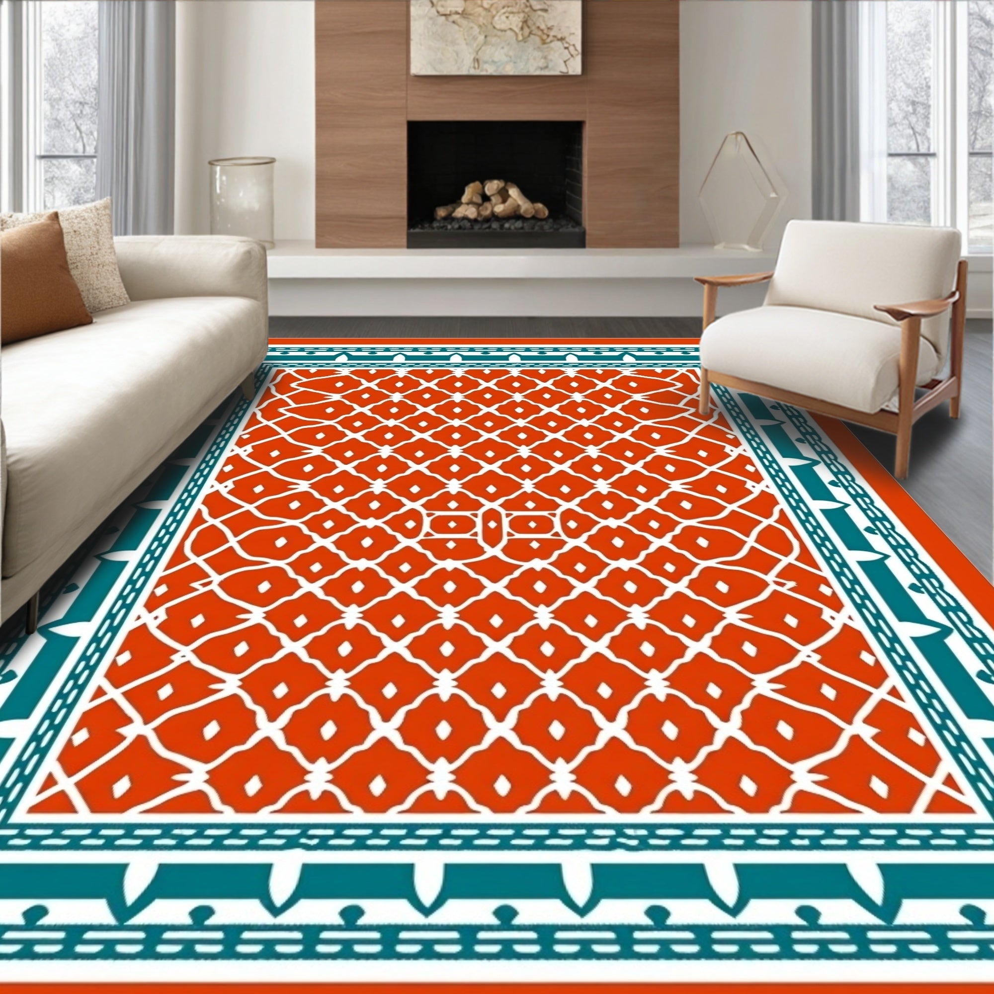 Vibrant Coral Lattice Border Rug