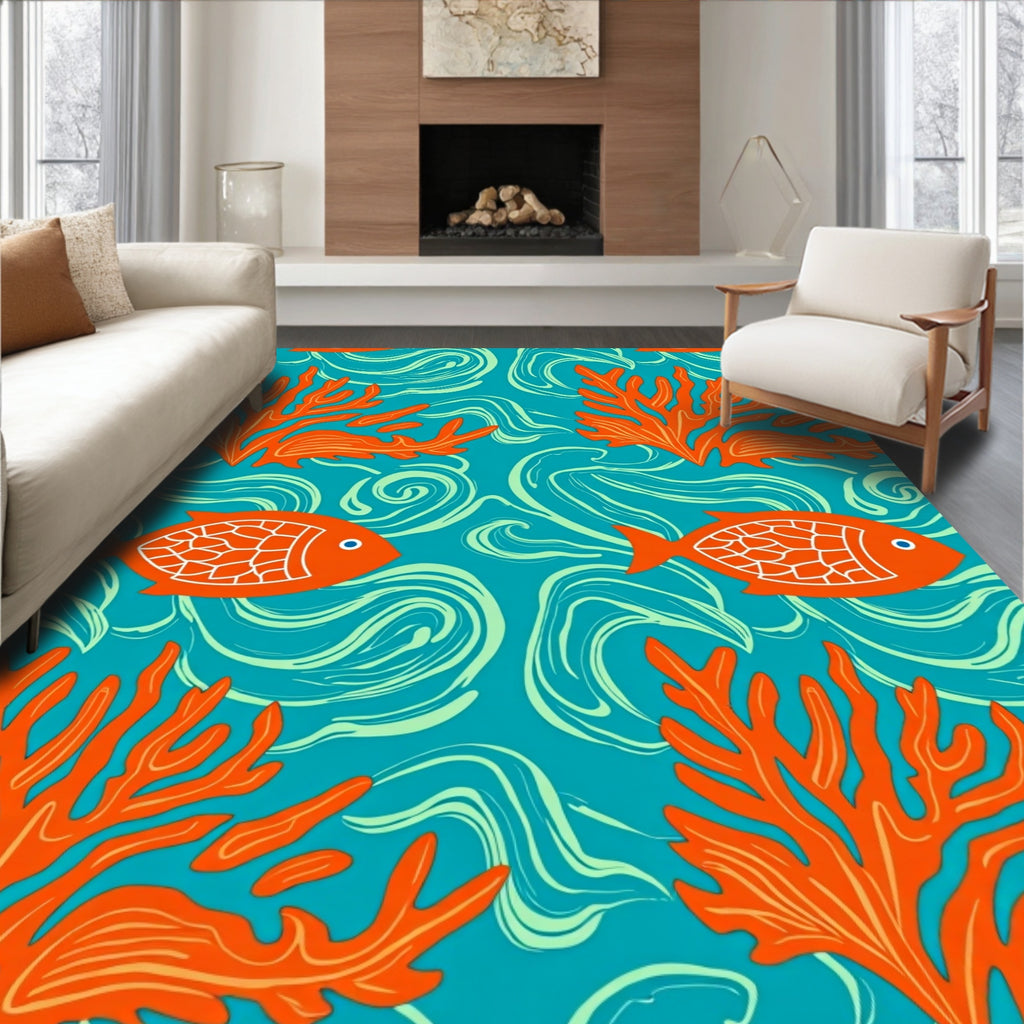 Ocean Coral Fish Swirls Teal Rug