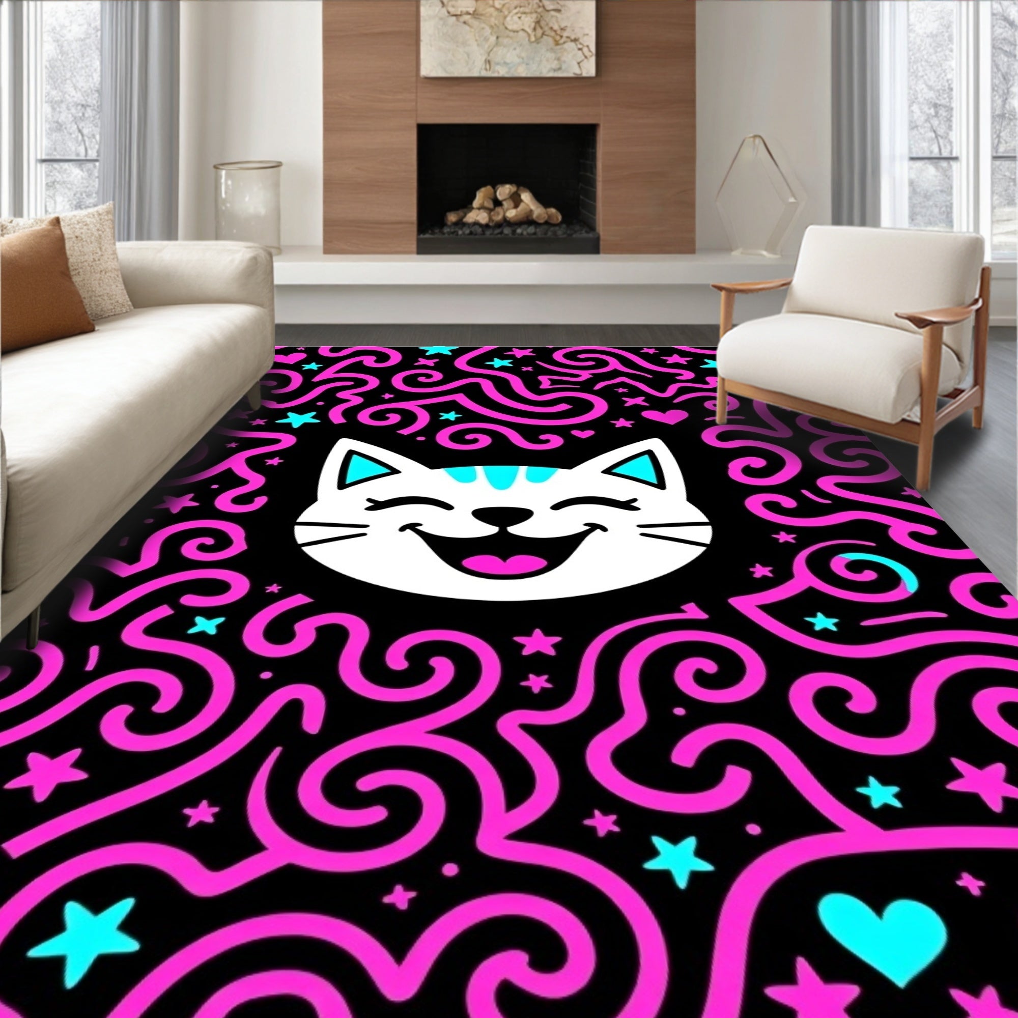 Jolly Pink Swirl Cat Hearts Stars Rug
