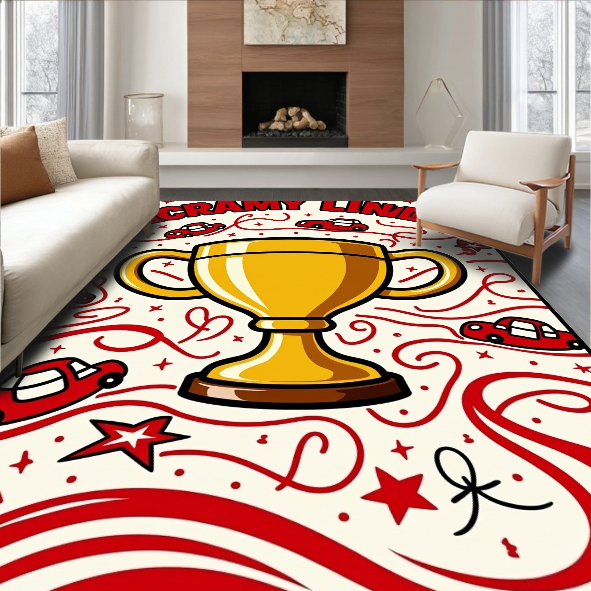 Golden Trophy Red Car Celebration Rug