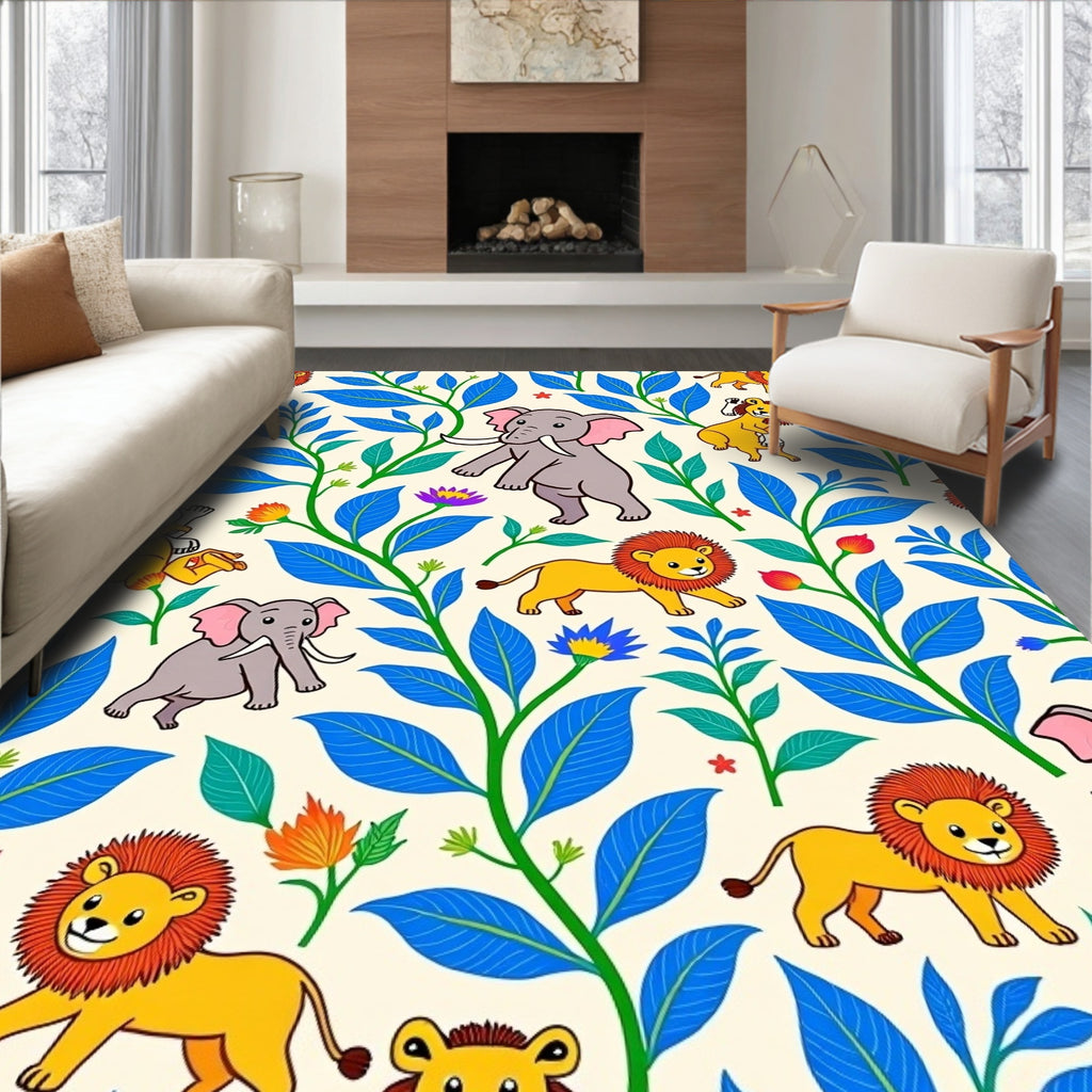 Whimsical Jungle Animals Blue Foliage Rug