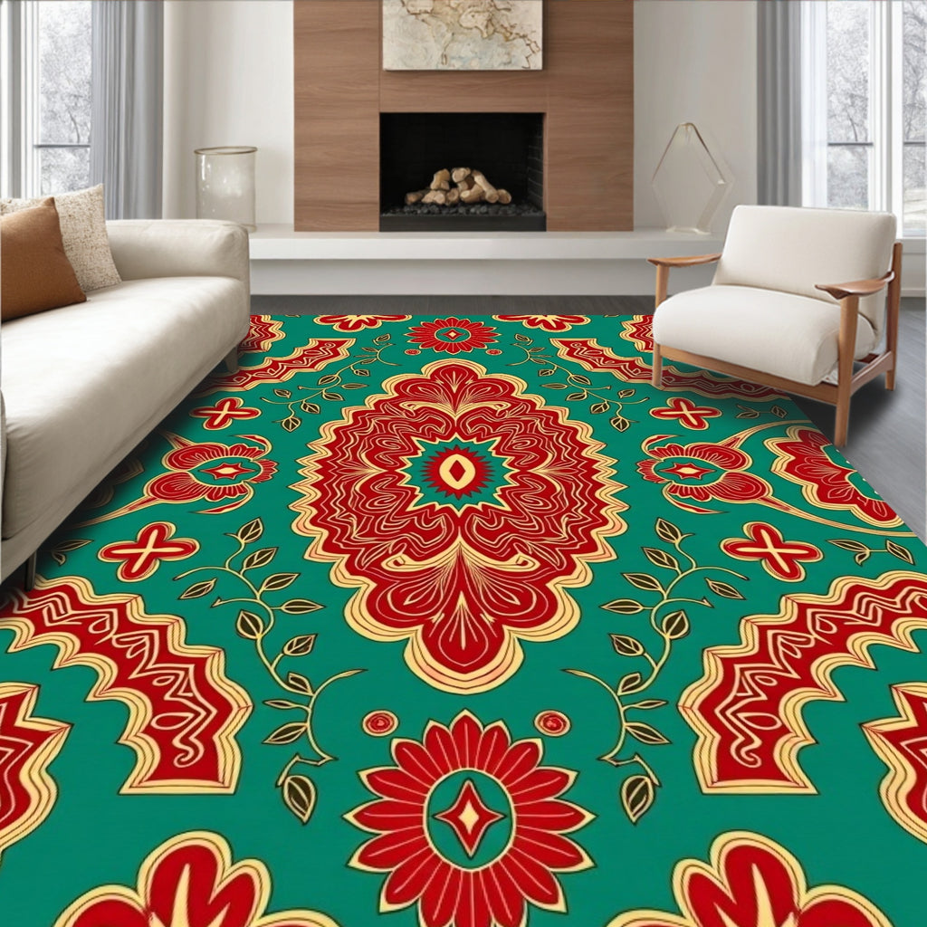 Red Golden Teal Paisley Medallion Rug