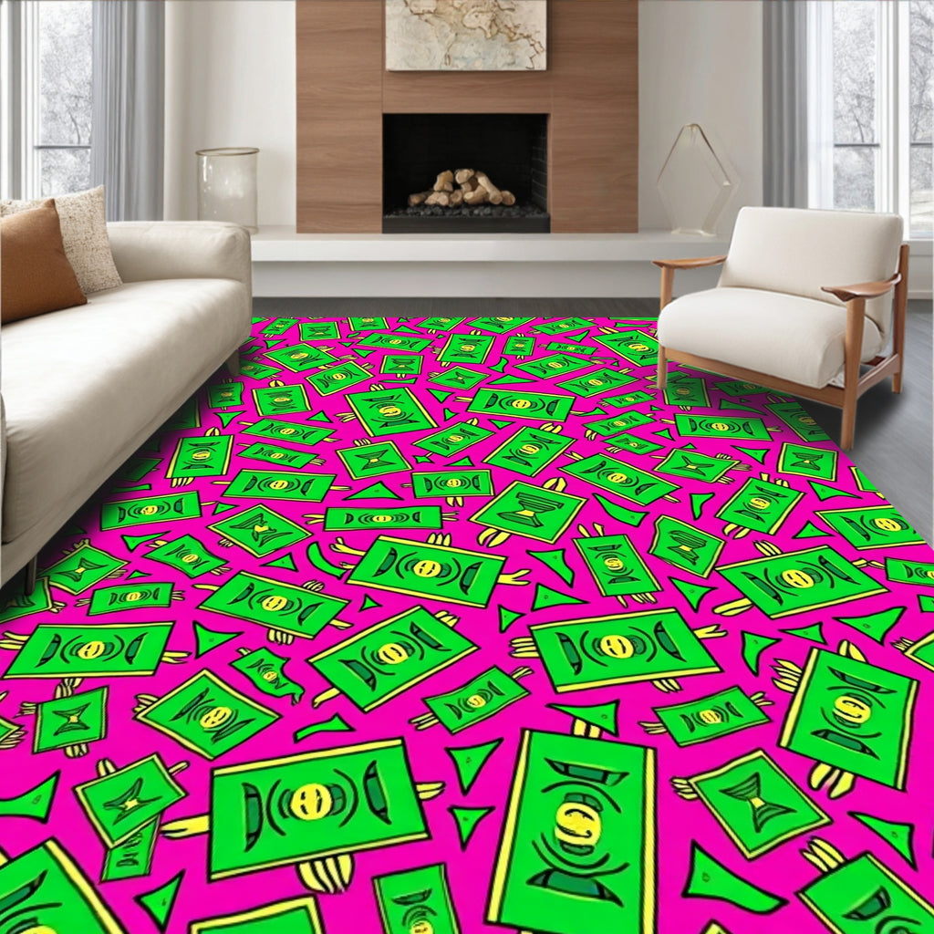 Vibrant Green Money Bills Fuchsia Field Rug
