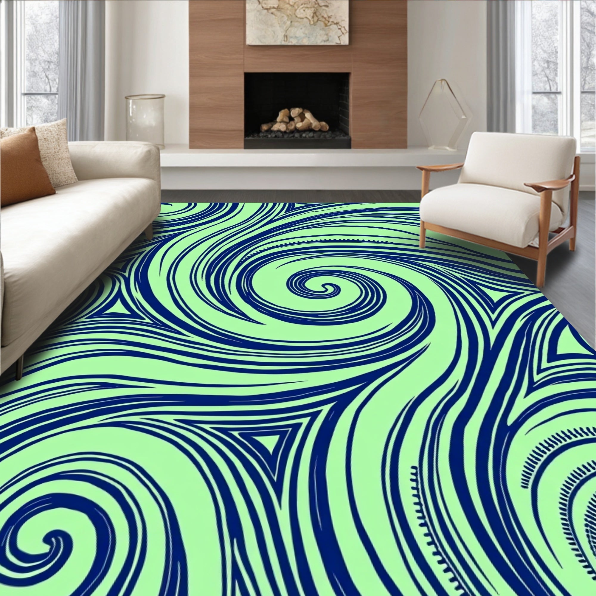 Navy Blue Swirling Abstract Lines Rug
