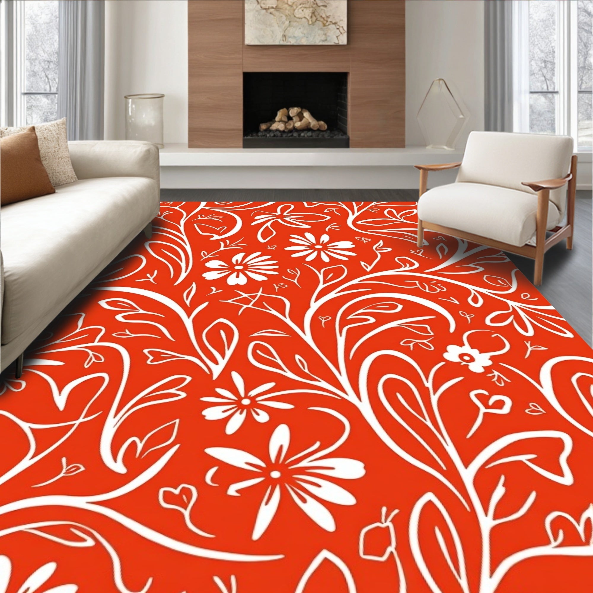 Red White Floral Vines Rug