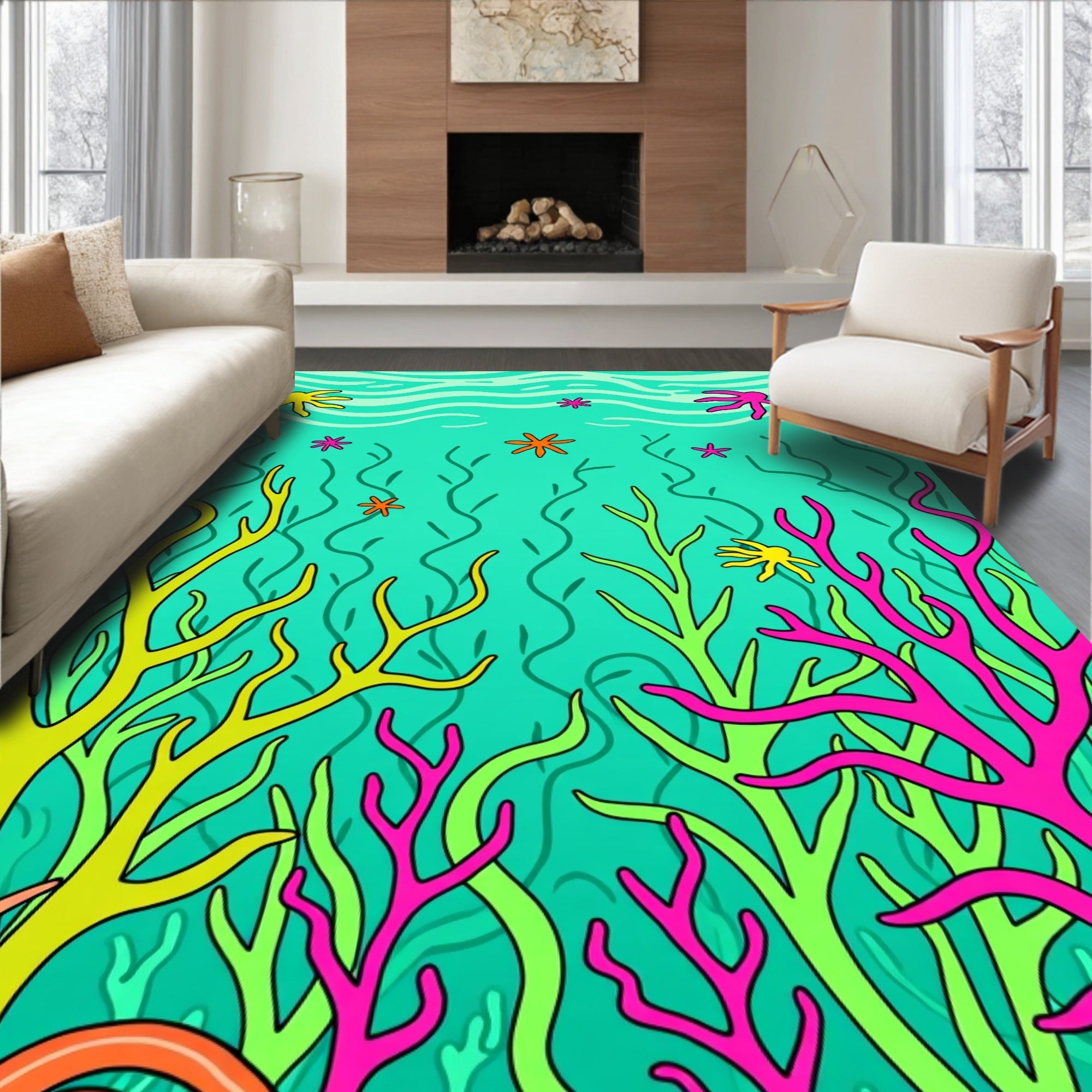 Vibrant Coral Sea Life Under The Waves Rug