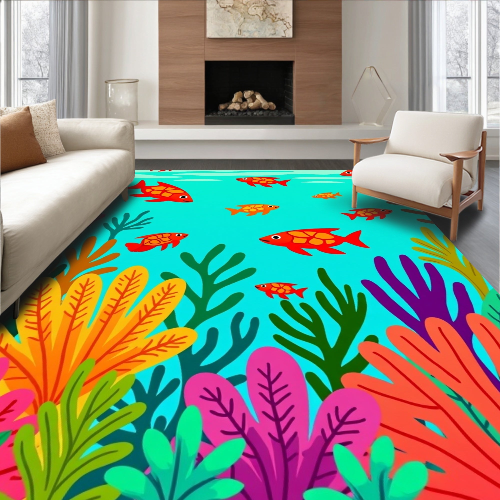 Vibrant Coral Reef Fish Flock Rug