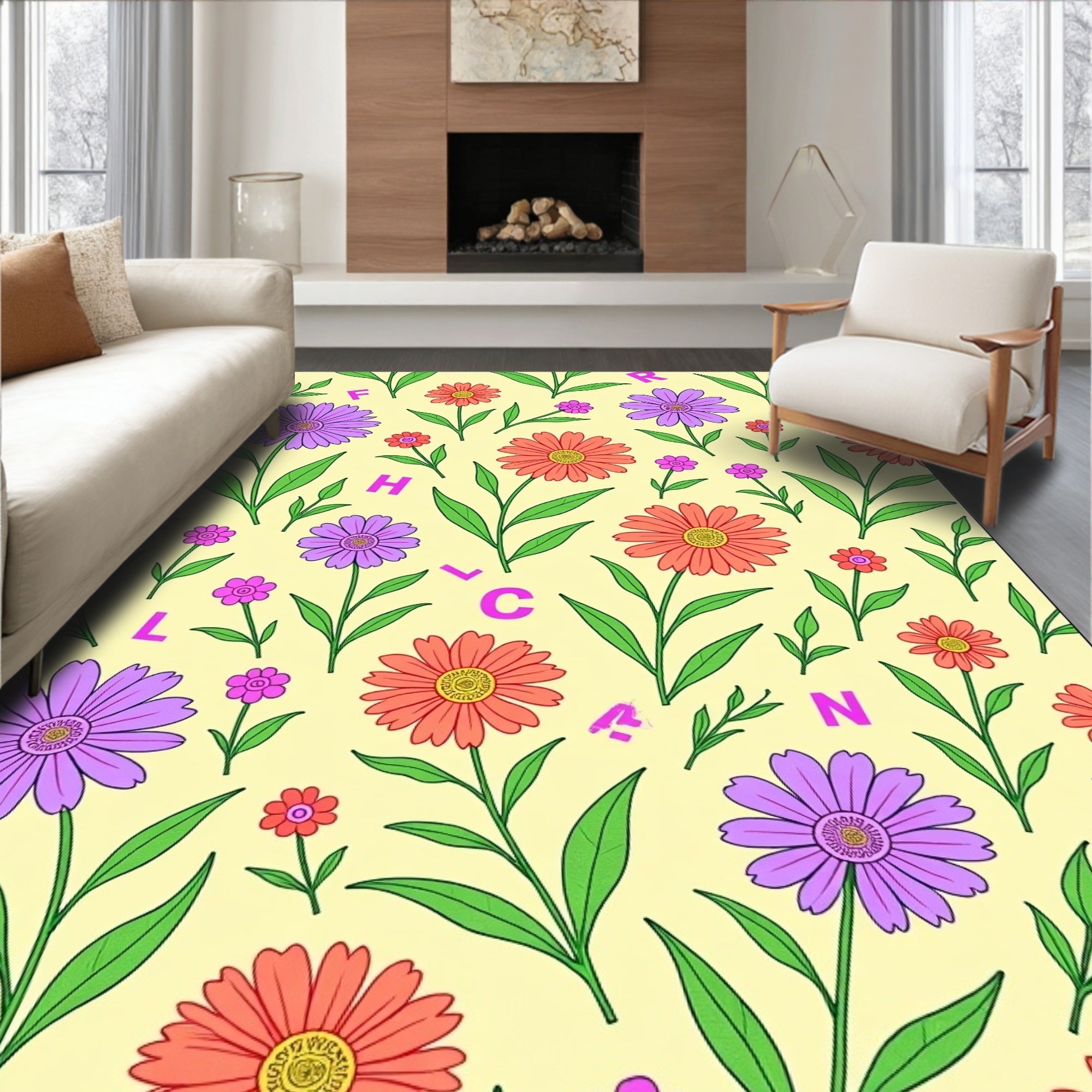 Playful Pink Purple Orange Floral Alphabet Rug
