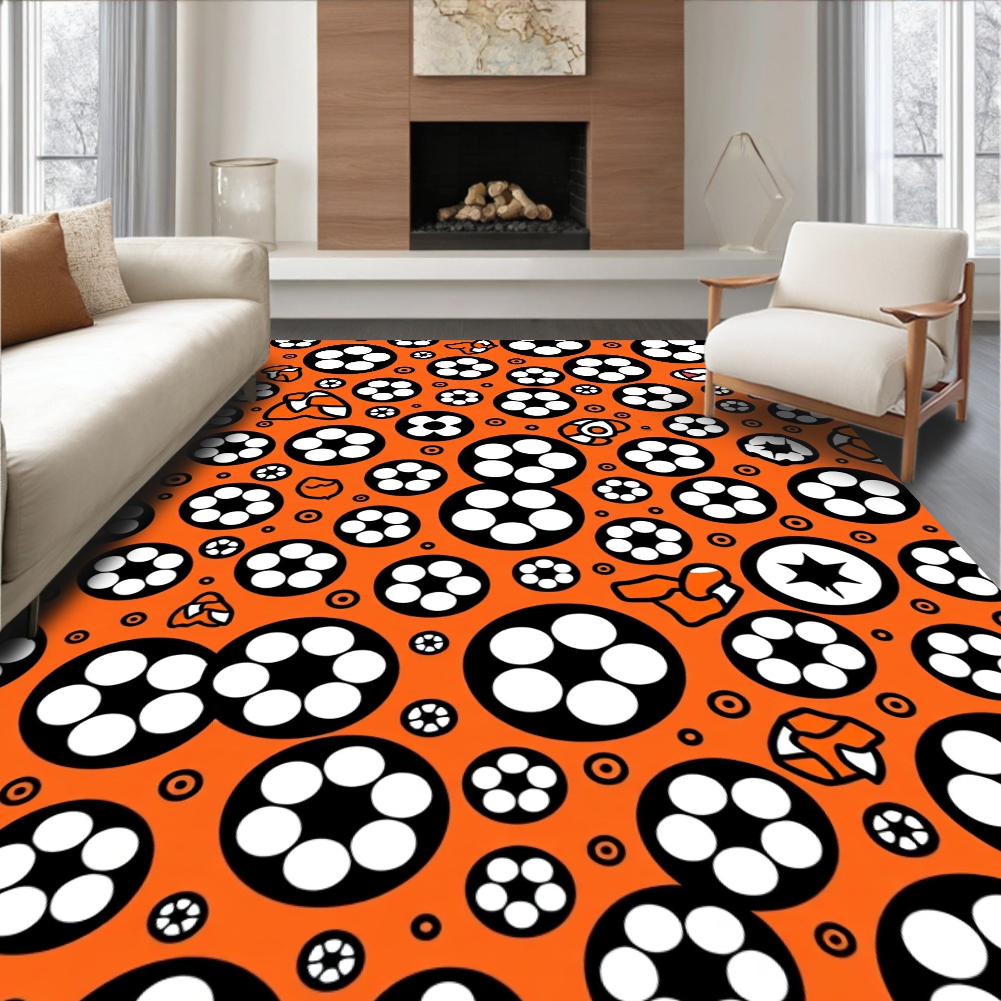 Vibrant Orange Black White Circles Rug