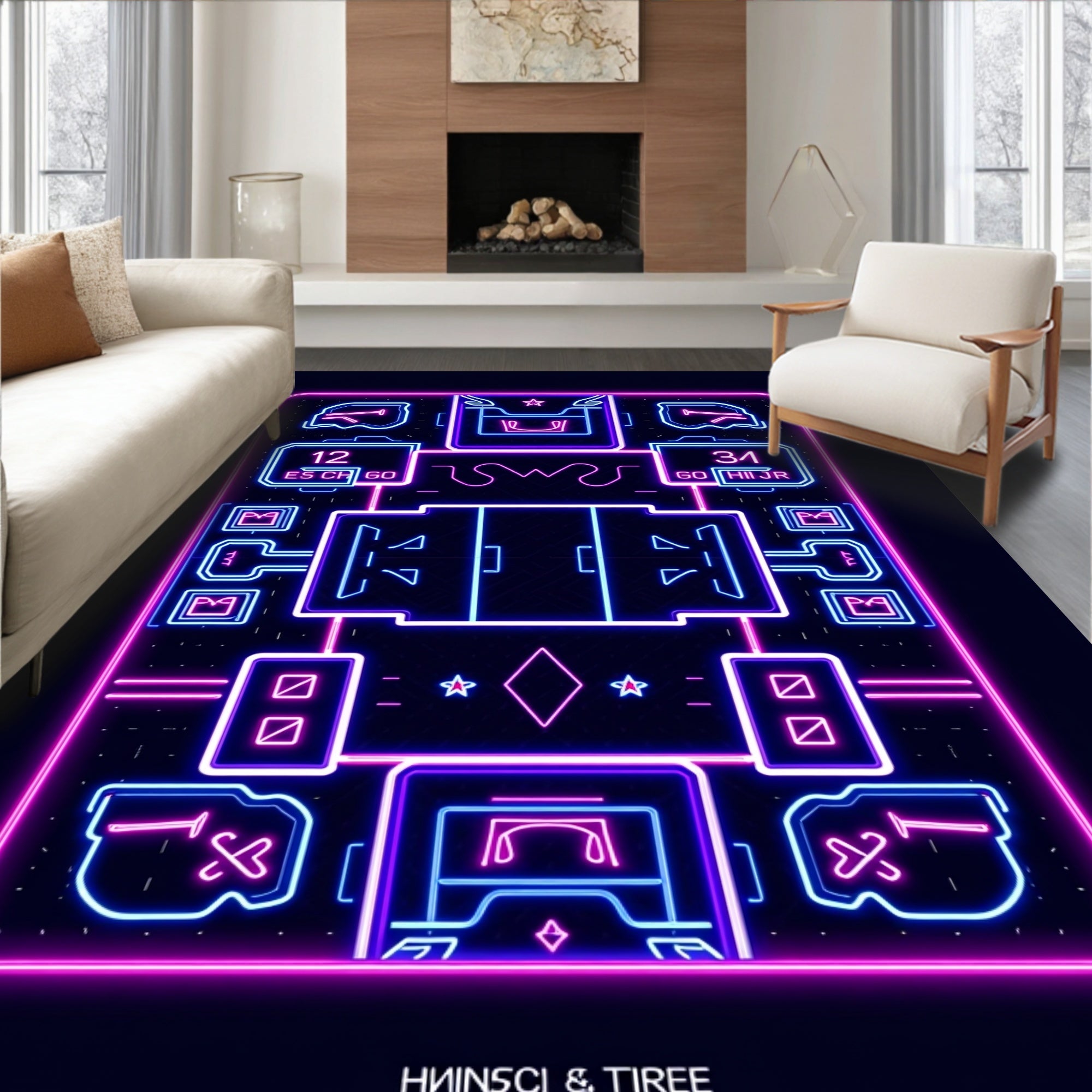 Neon Cyberpunk Blueprint Square Rug