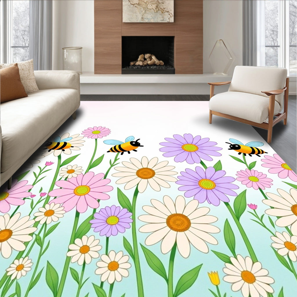 Whimsical Yellow Bee Flower Garden Rug