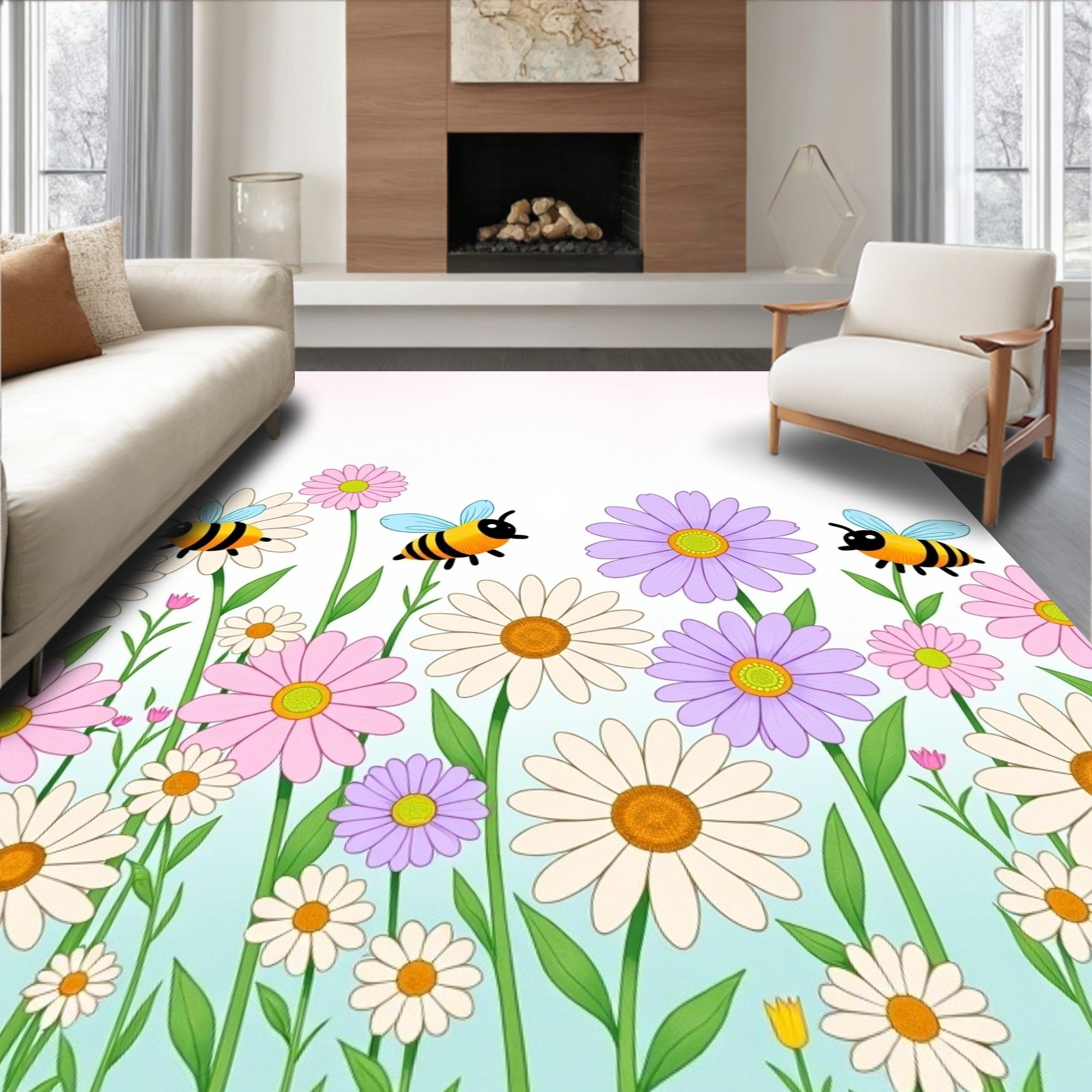 Whimsical Yellow Bee Flower Garden Rug