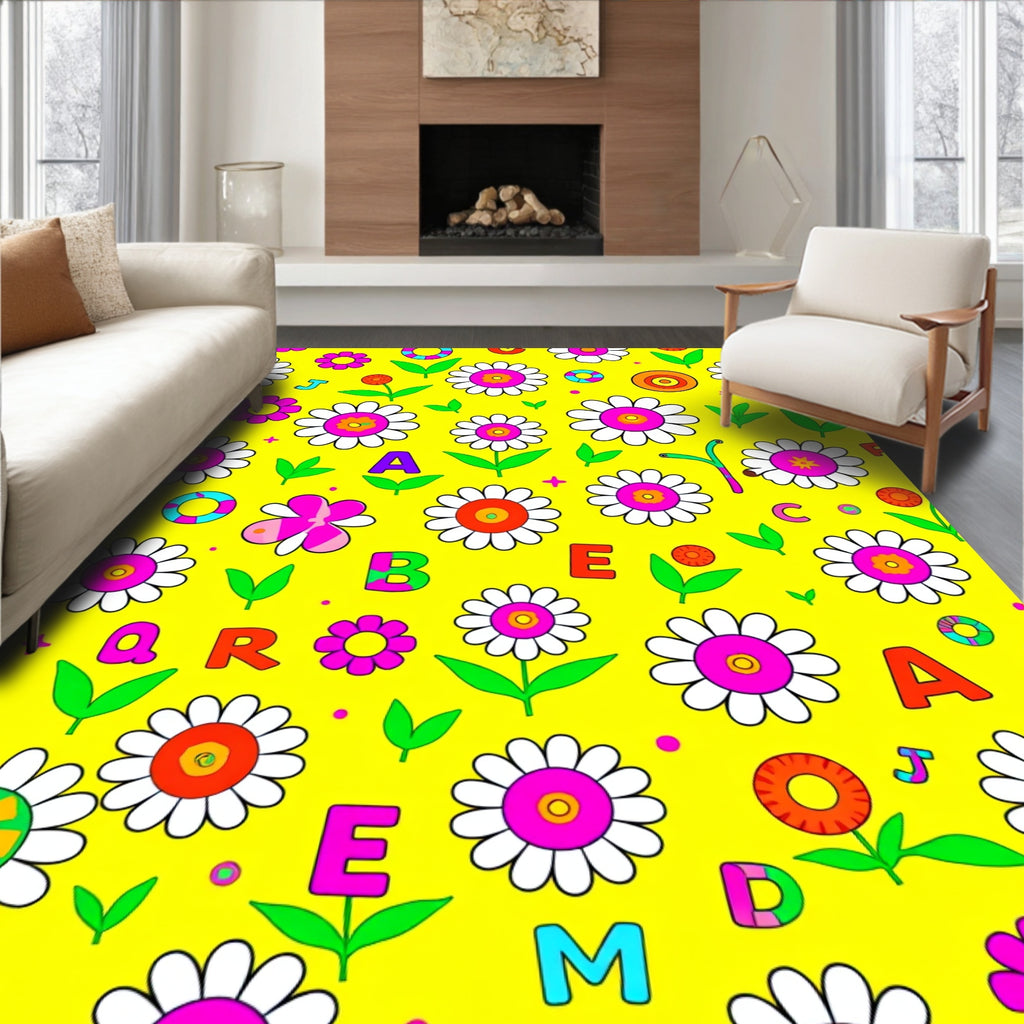 Groovy Daisy Letters Yellow Bright Rug