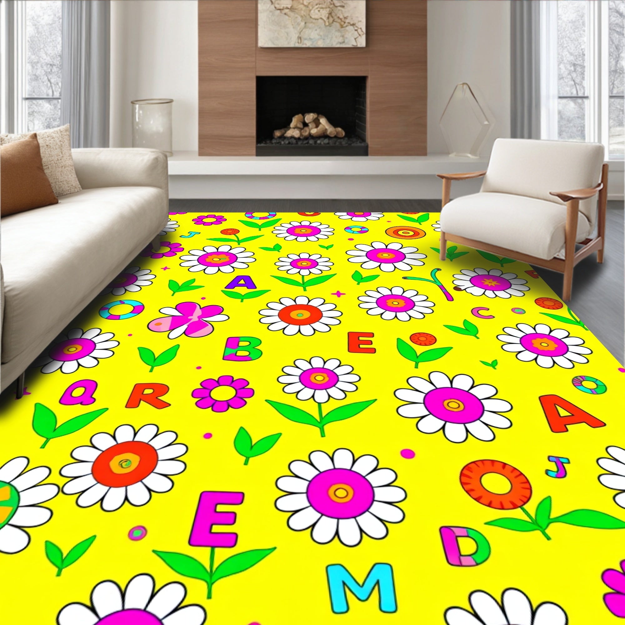 Groovy Daisy Letters Yellow Bright Rug