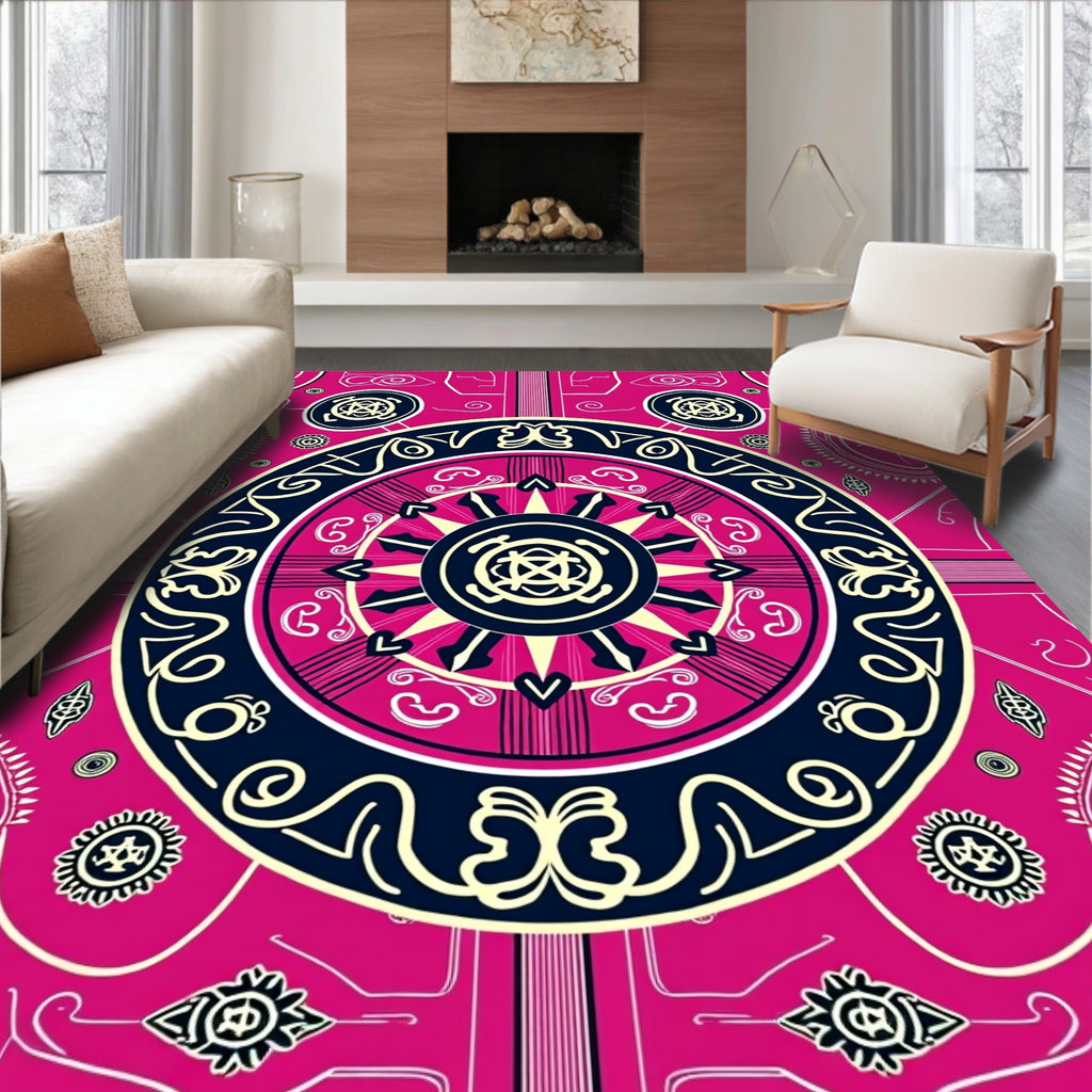 Vibrant Pink Geometric Medallion Circular Rug