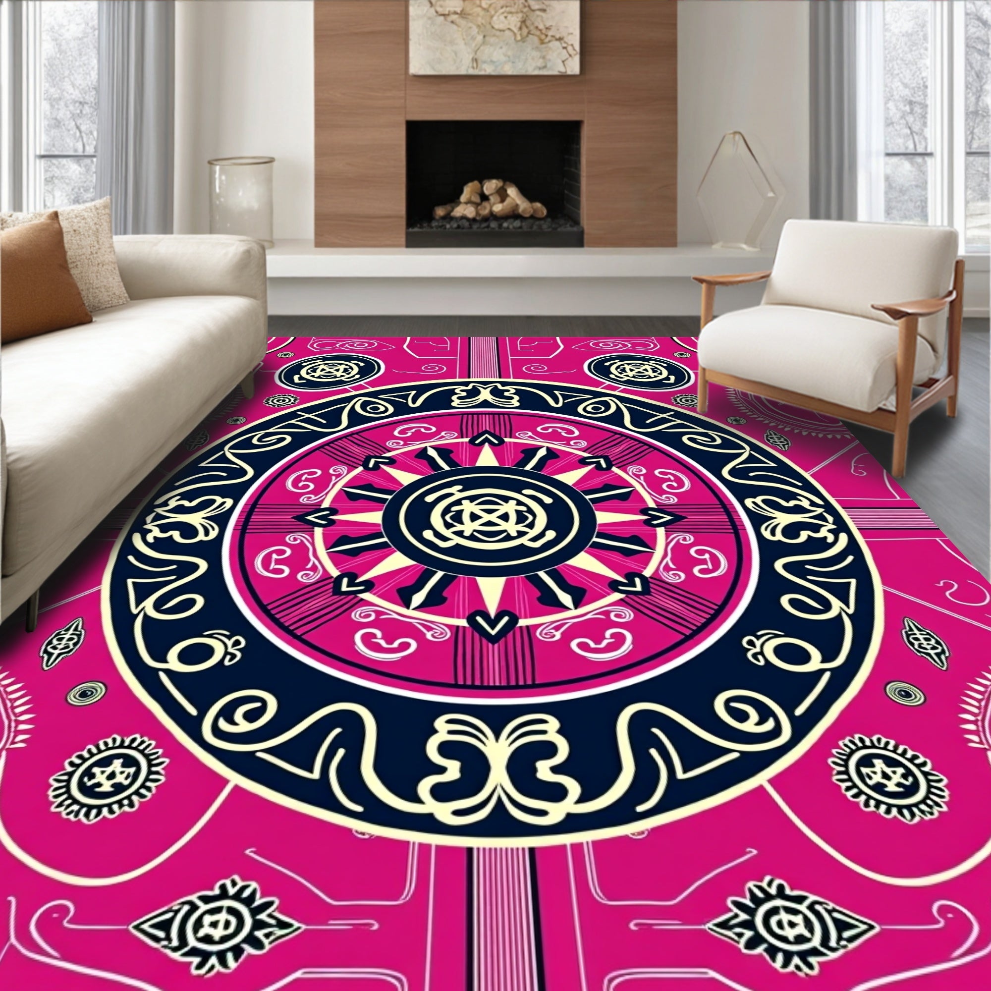 Vibrant Pink Geometric Medallion Circular Rug