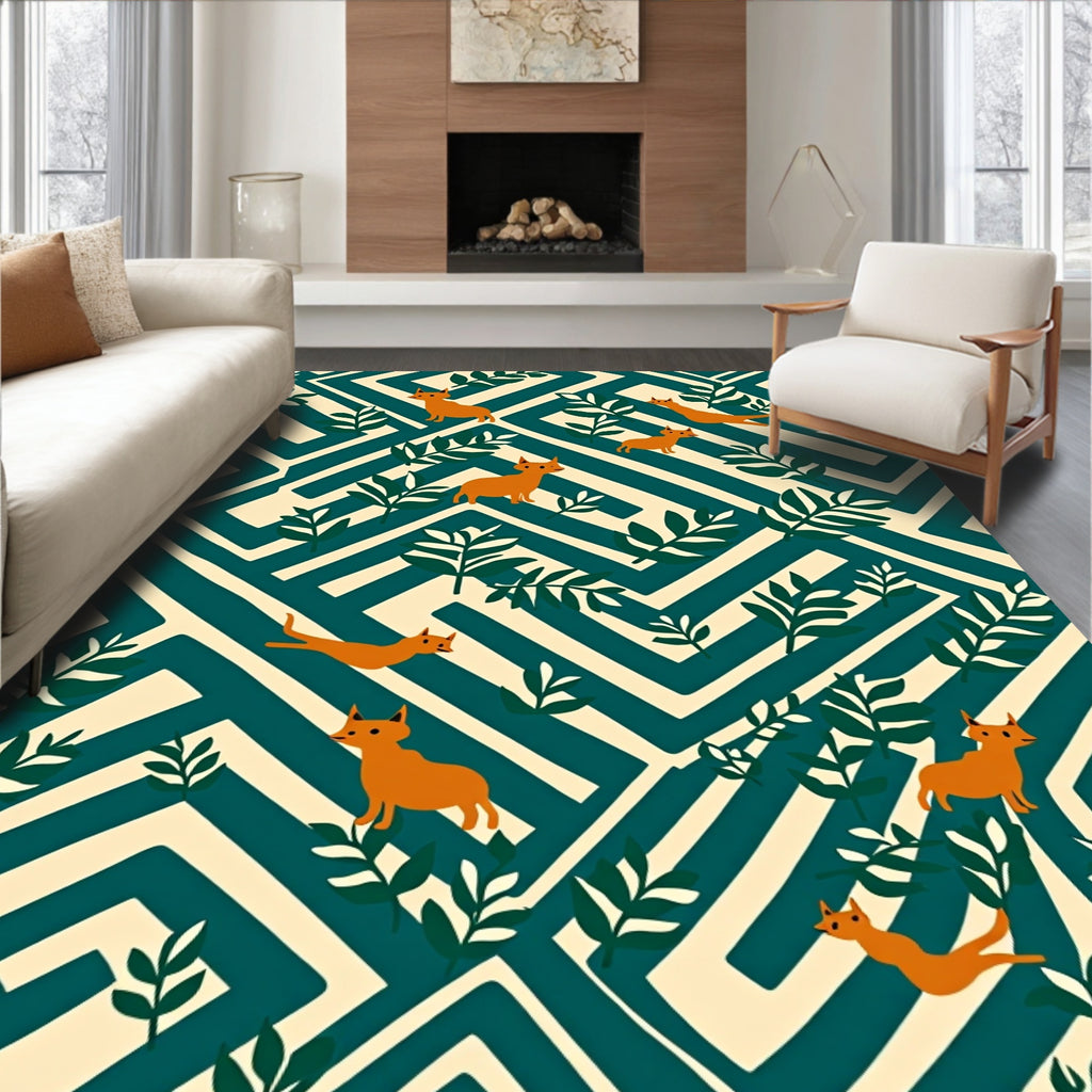 Orange Dogs Amidst Greenery Maze Rug