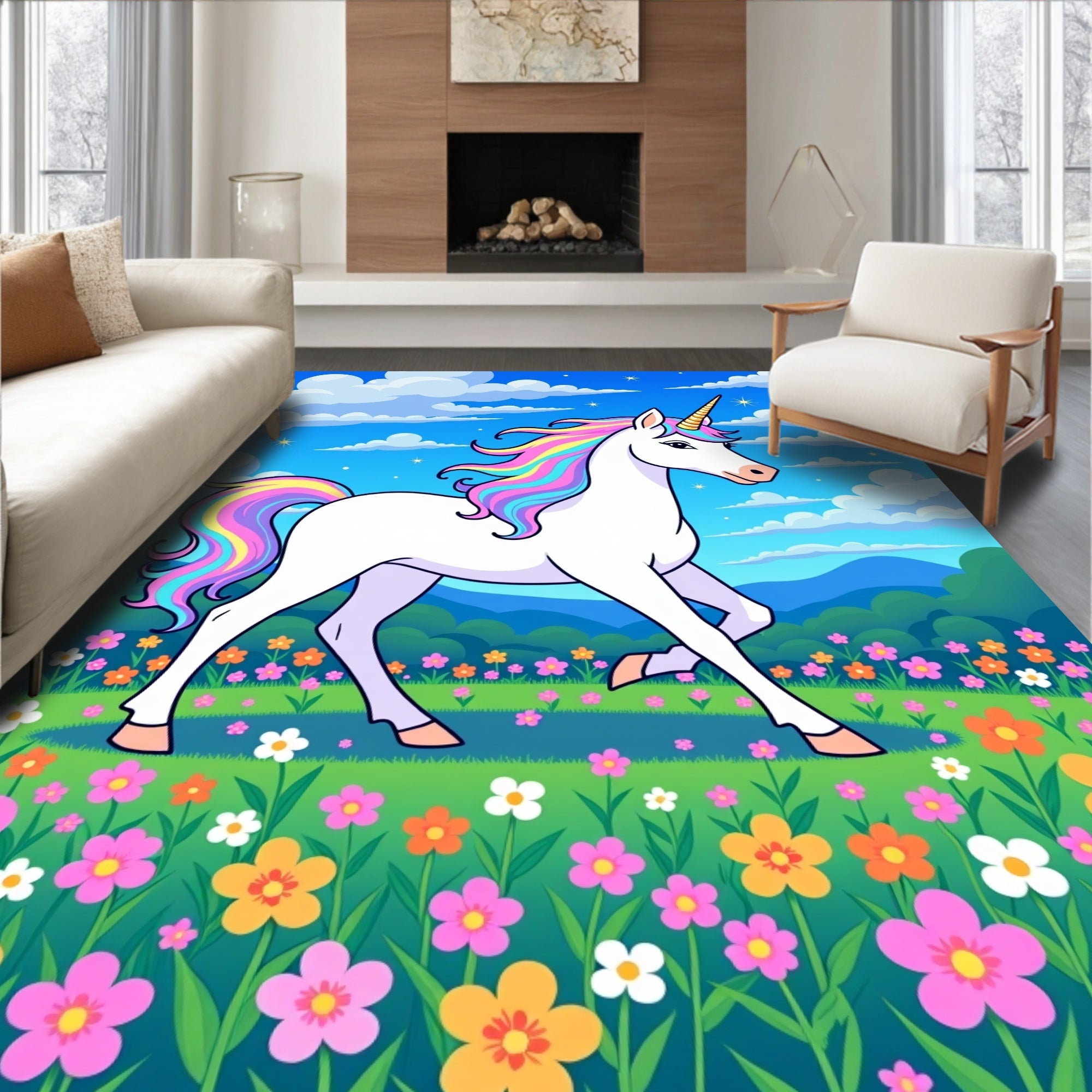 Rainbow Unicorn Meadow Fantasy Rug