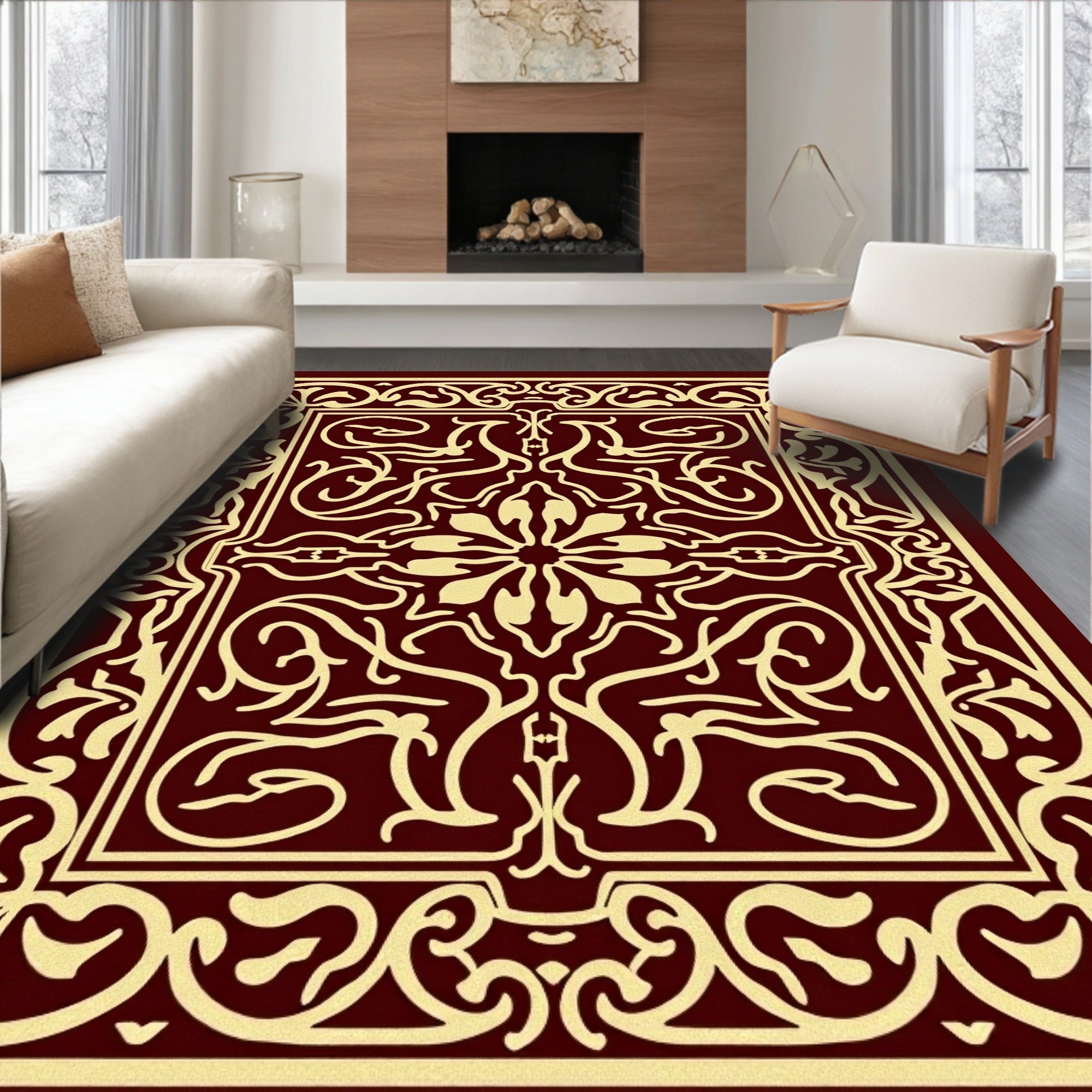 Maroon and Gold Ornamental Floral Square Rug