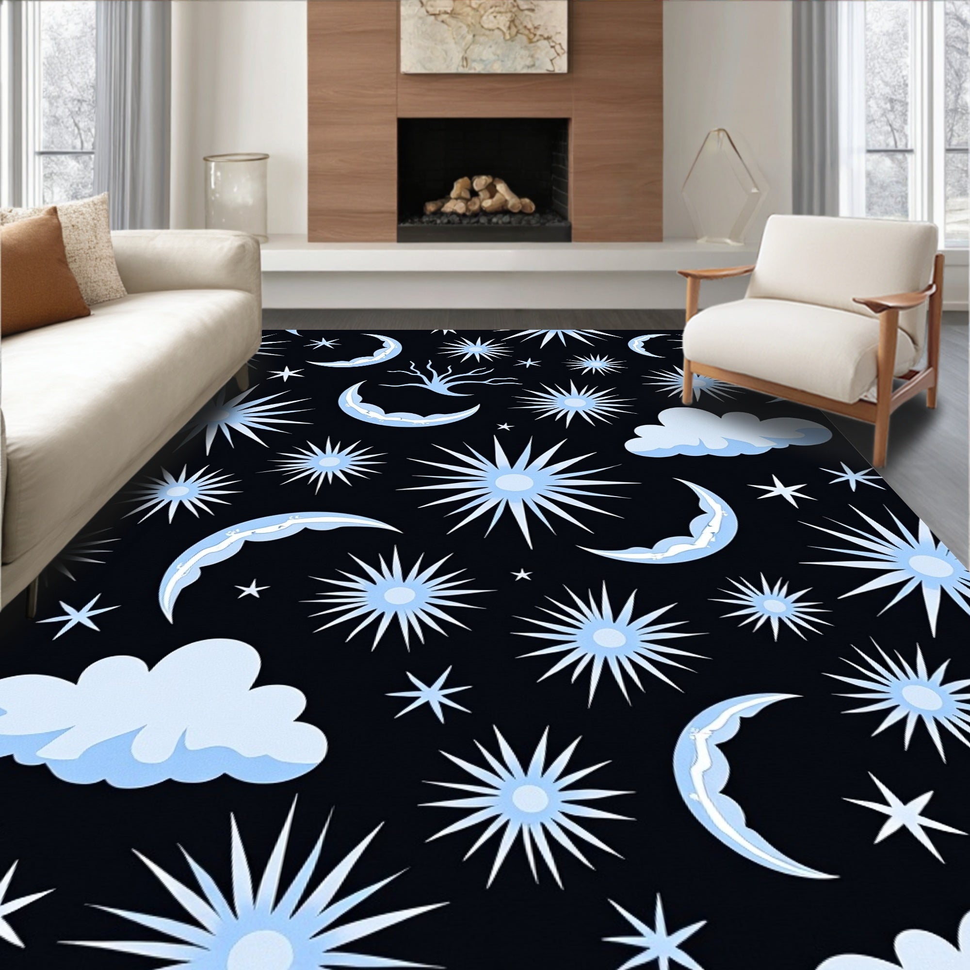 Night Sky Crescent Moon Starburst Cloud Rug
