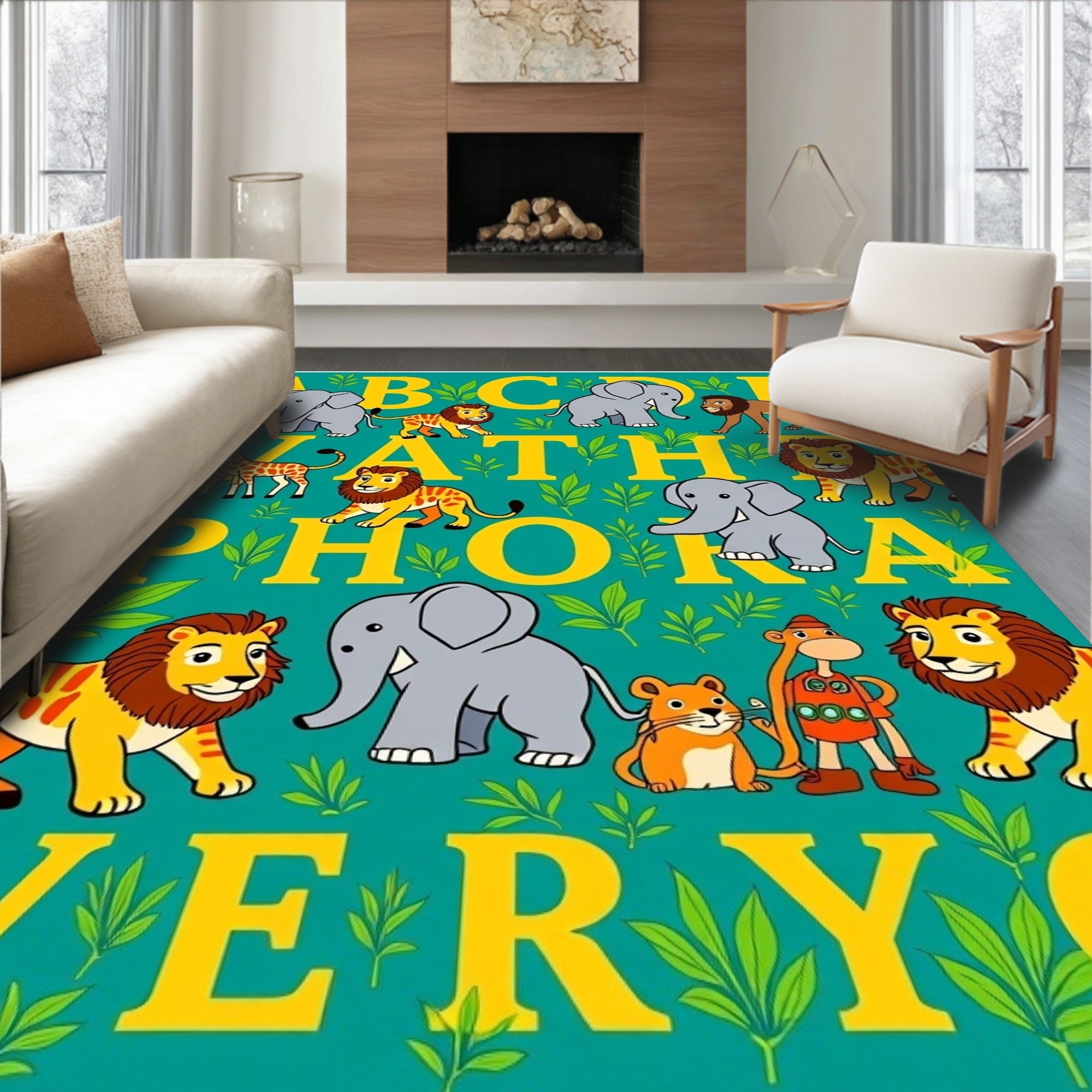 Whimsical Safari Alphabet Animals Teal Rug