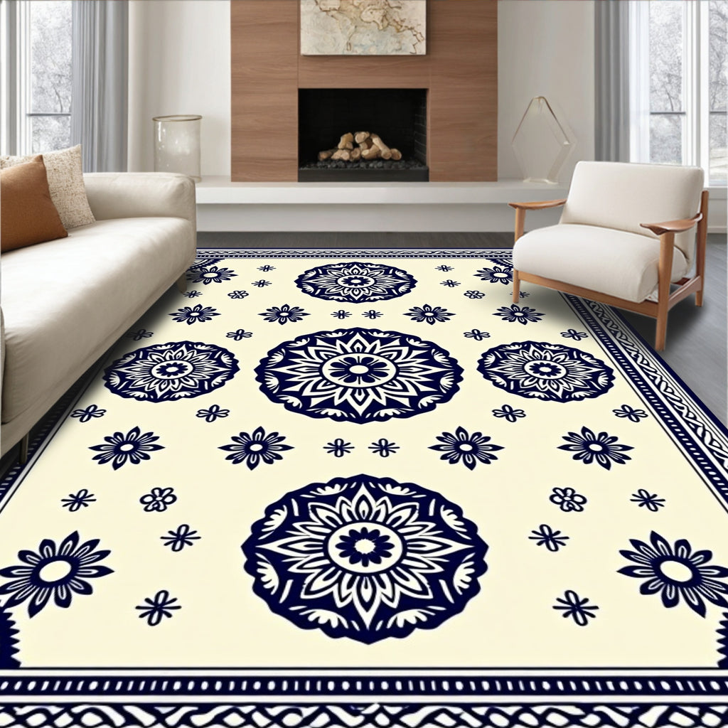 Navy Floral Radiating Burst Ivory Rug