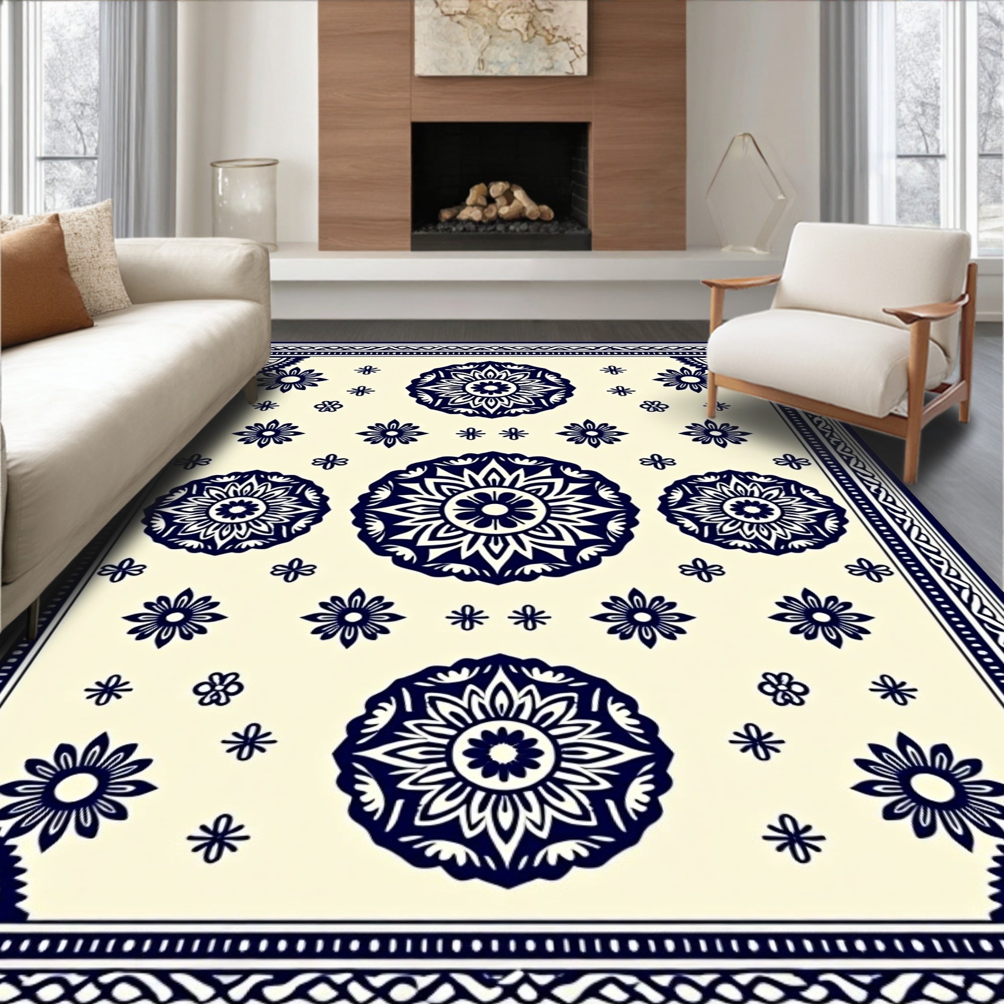 Navy Floral Radiating Burst Ivory Rug